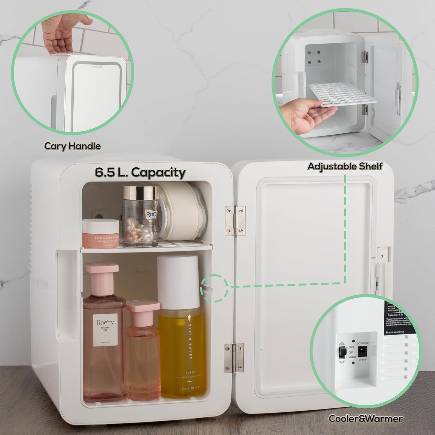 Memorex MX-FR690 6.5L Mini Beauty Lighted Mirror Fridge | Portable Cooler & Warmer for Drinks, Cosmetics, Medication, AC & Vehicle Adaptors | Eco-Friendly | LED Mirror for Makeup & Skincare
