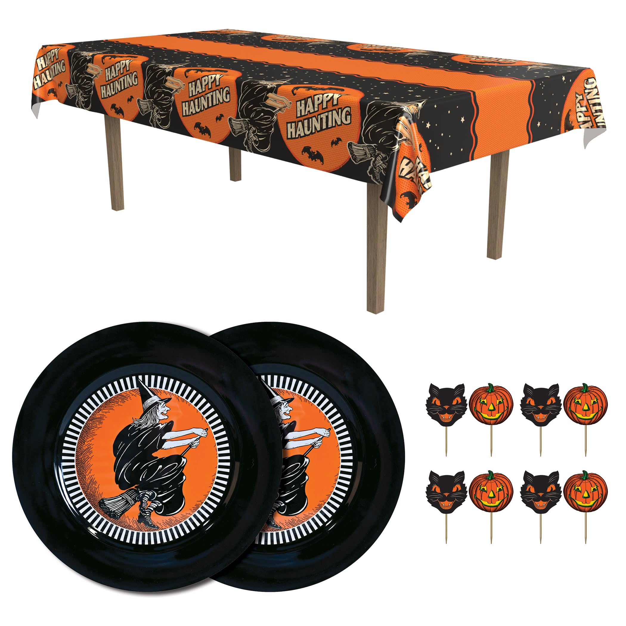 Beistle Happy Haunting - Set di decorazioni per dolci di Halloween | Include tovaglia in plastica, 50 stecchini per alimenti in cartoncino e 2 piatti da portata in plastica per tavoli da dessert