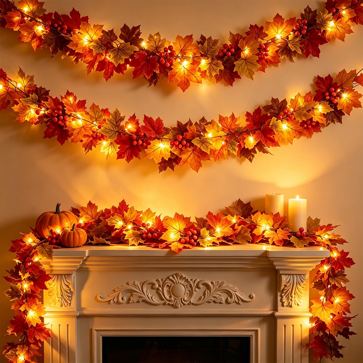 View 1 of 2 Pack Fall Garland with Lights, Total 11.8FT 50 LED Lighted Fall Garland