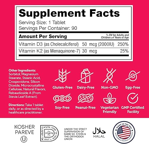 Miniatura 6 de Zahler Junior D3 K2, vitamina D masticable con K2 para niños, vitamina D3 2000 UI y K2 para niños, Kosher, 90 tabletas masticables