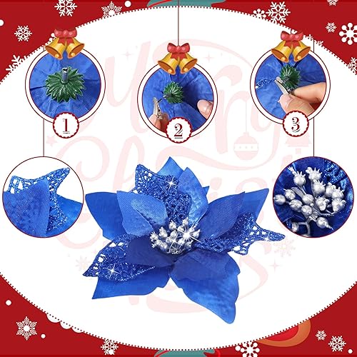 Miniatura 9 de Boao 24 flores de Pascua artificiales con purpurina para Navidad, boda, árbol de Navidad, Año Nuevo (azul verde)