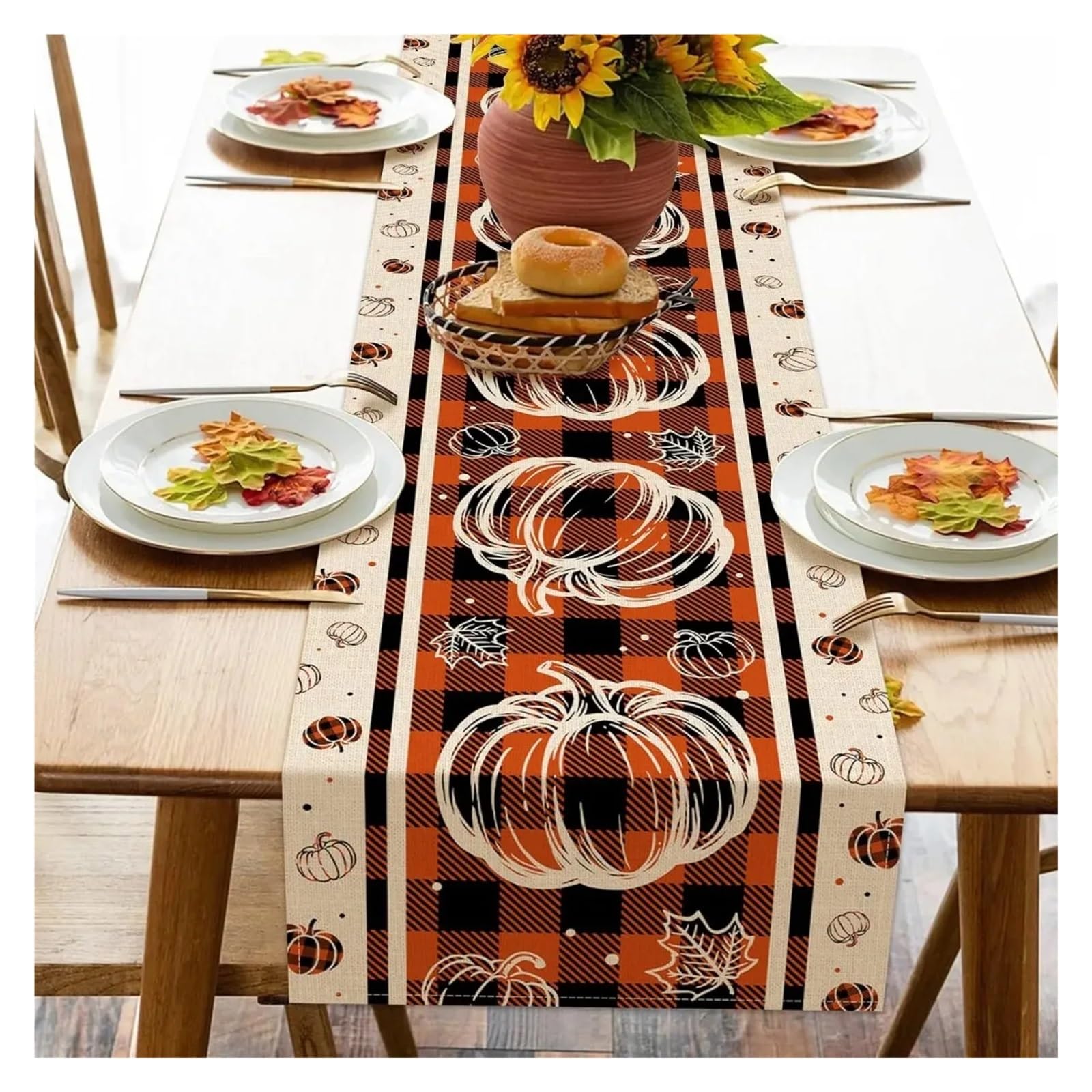 Table Runner Table Runners Fall Pumpkin Maple Leaves Linen Autumn Plaid Farmhouse Party Kitchen Dining Decor(B,200x33cm78x13inch)