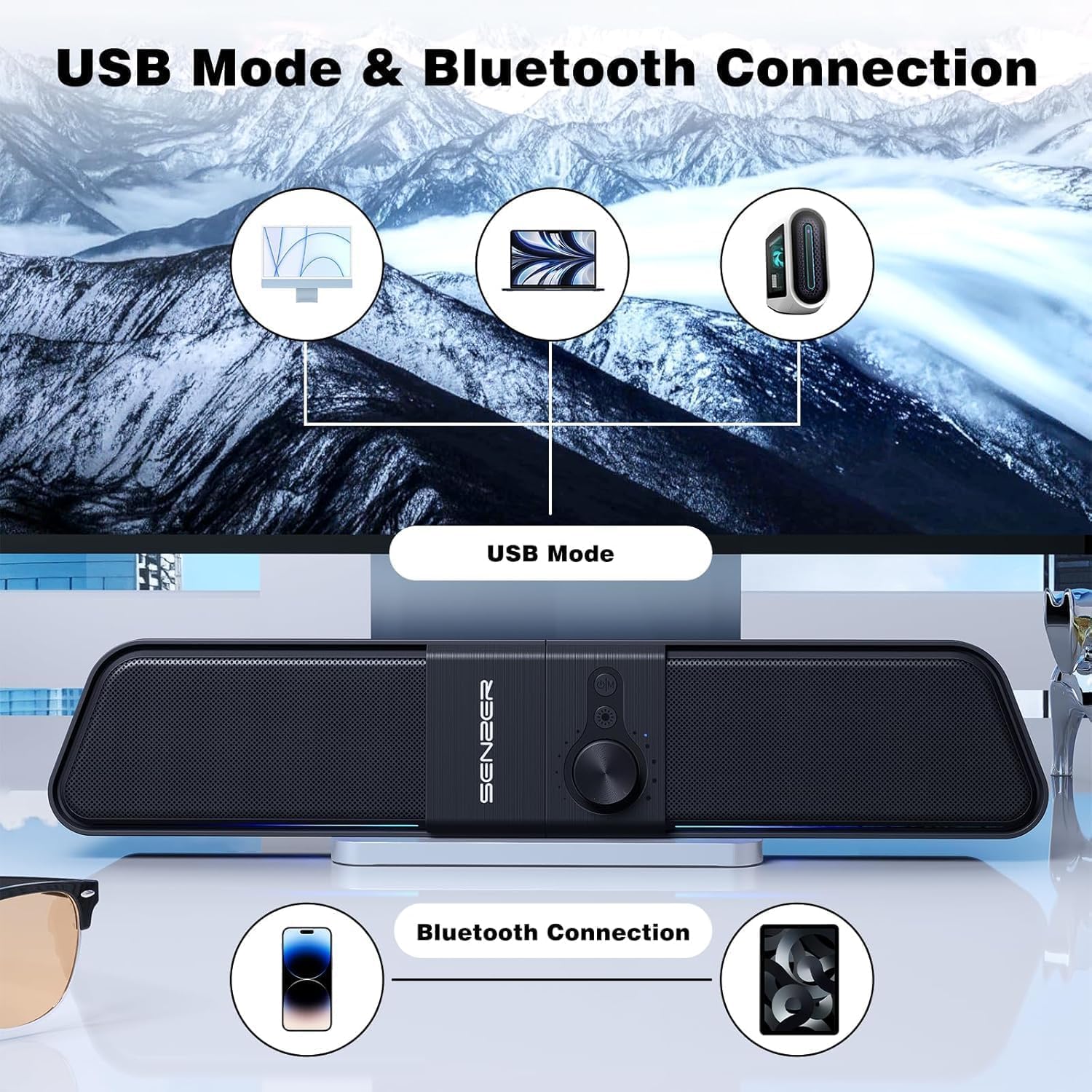 SENZER CS20 Enceinte PC,Alimentée par USB Bluetooth Haut Parleur Flowing LED Barre de Son de Gaming Enceintes pour Pc (Not Jack 3,5 mm)
