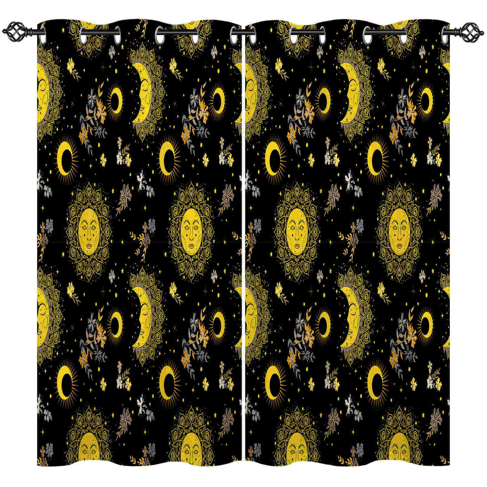ANHOPE Sun Moon Stars Curtains Eyelet Soft Thermal Insulated Blackout Curtains Bohemian Style Flower Print Pattern Ring Top Drapes for Bedroom Living Room 52 x 63 Inch Drop 2 Panels — image 1