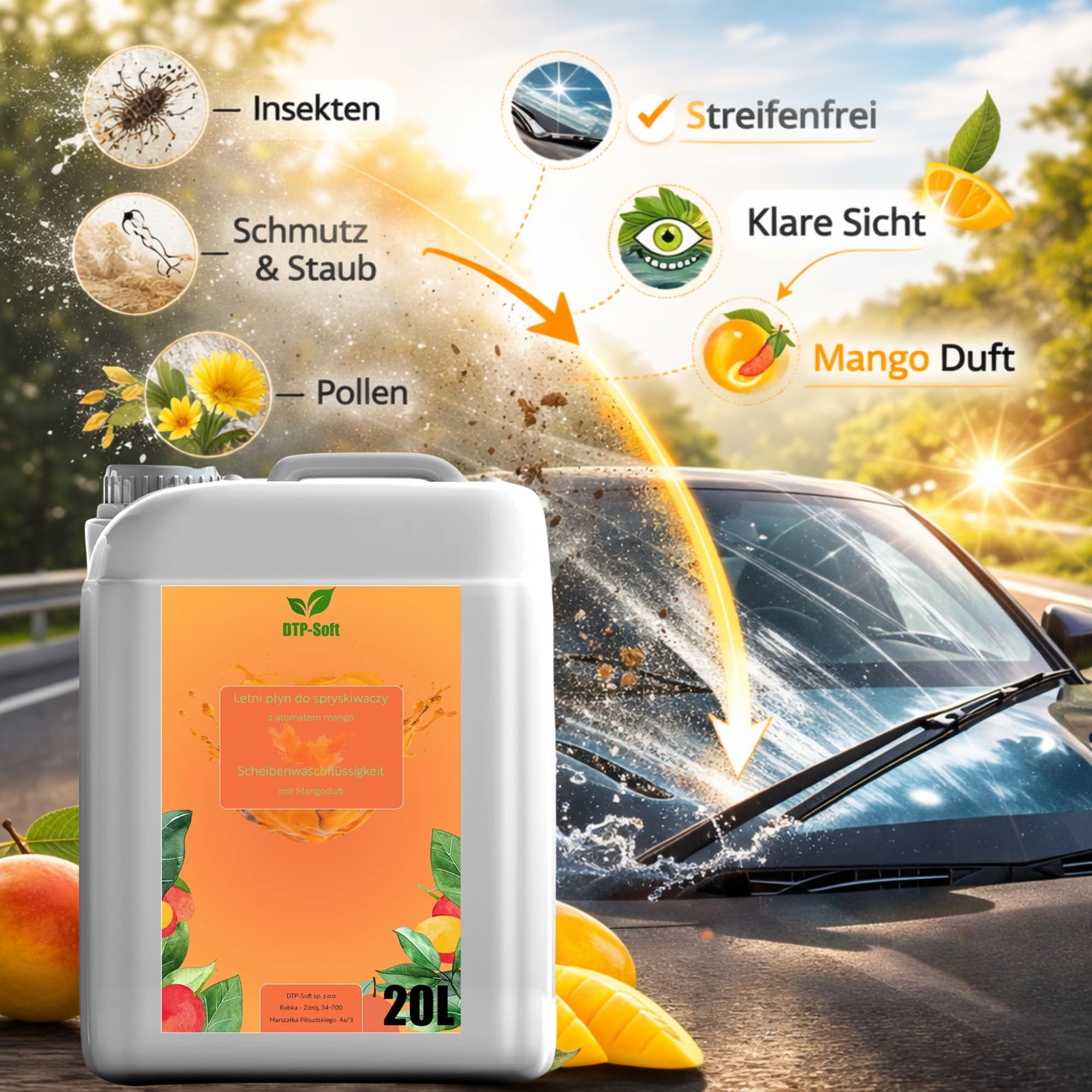 Scheibenreiniger 20L / 20 liter Sommer - Scheibenwischwasser fertig gemischt mit Mango Duft - streifenfrei gegen Insekten Schmutz Pollen