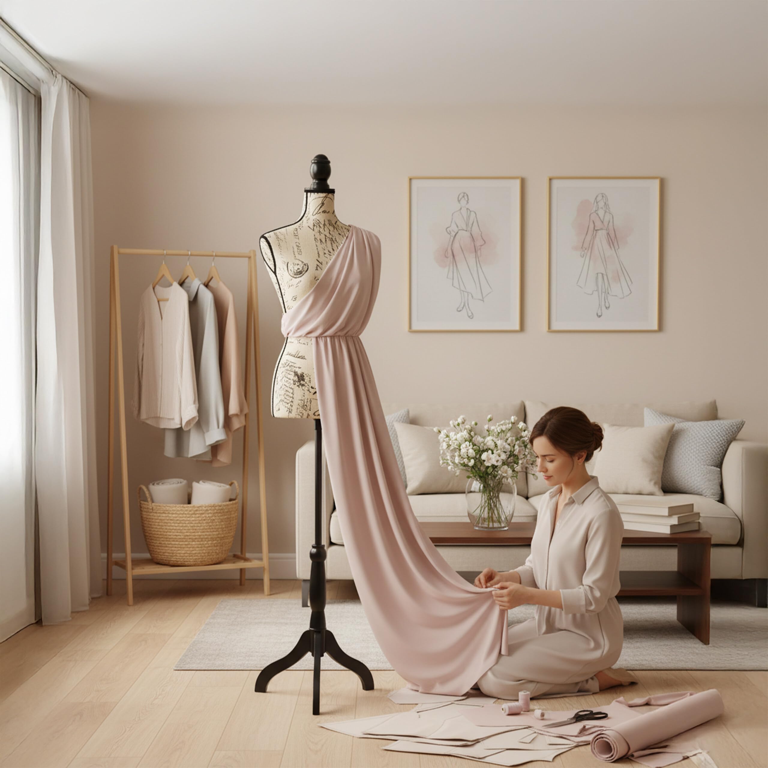 Manichino da sarta Relaxdays, Donna, Taglia 36/38, Altezza Regolabile 130–167 cm, Base in Legno, Beige/Nero