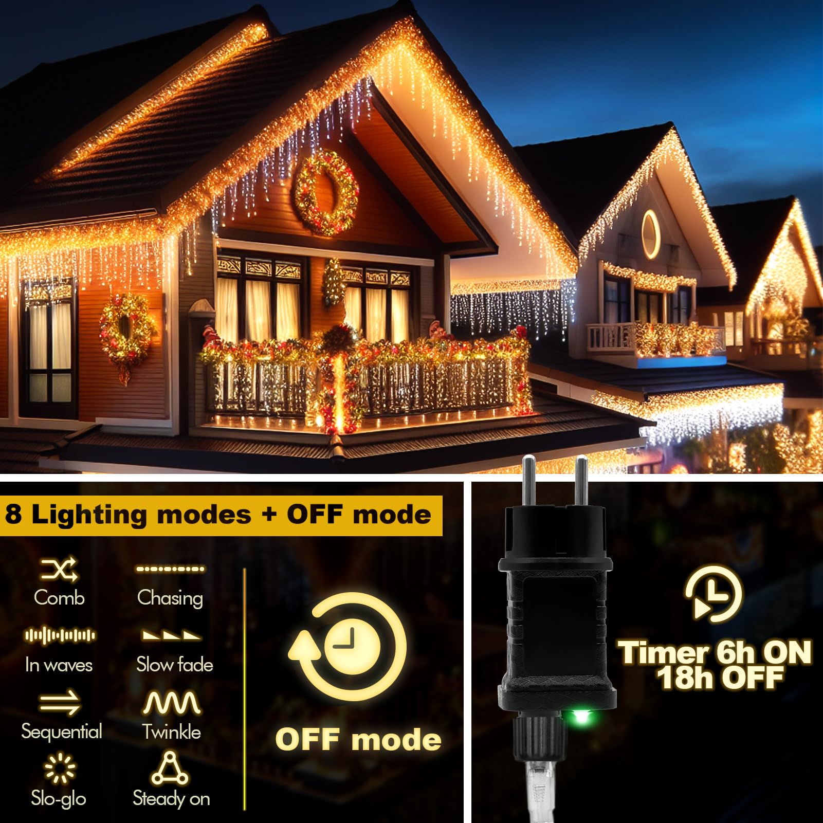 Uping Luci Natale Esterno Cascata Tenda Luminosa Natale Esterno 400 LED 9M Cascata Luci Natalizie Decorazioni Natalizie per Esterno Balcone Funzione Timer