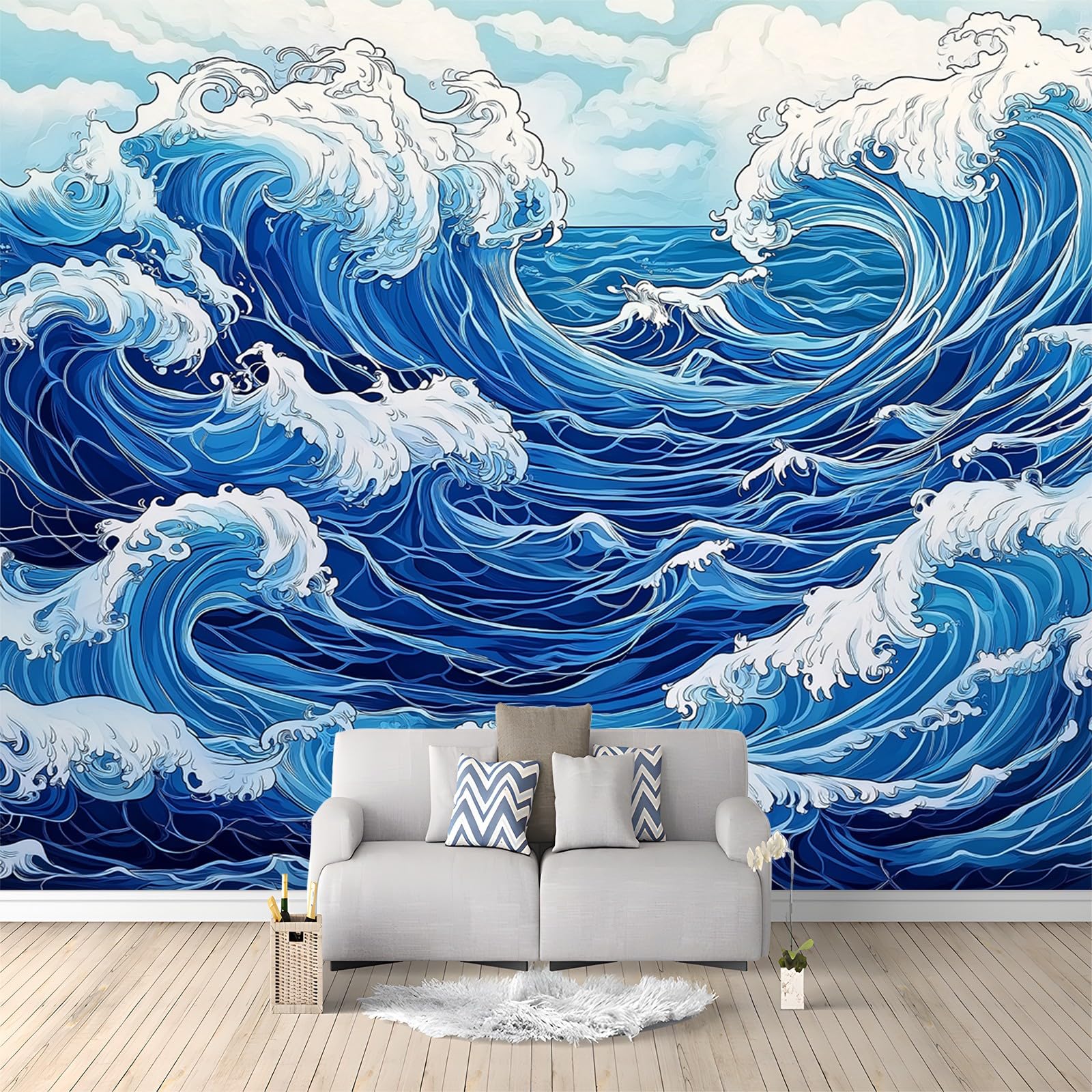 Photo Wallpaper Japanese Style Cartoon Ocean Waves Non-Woven Mural Wallpaper 400 x 280 cm Wall Covering for Living Room and Bedroom Decoration Blue Modern Mural Wallpaper for Children's Room