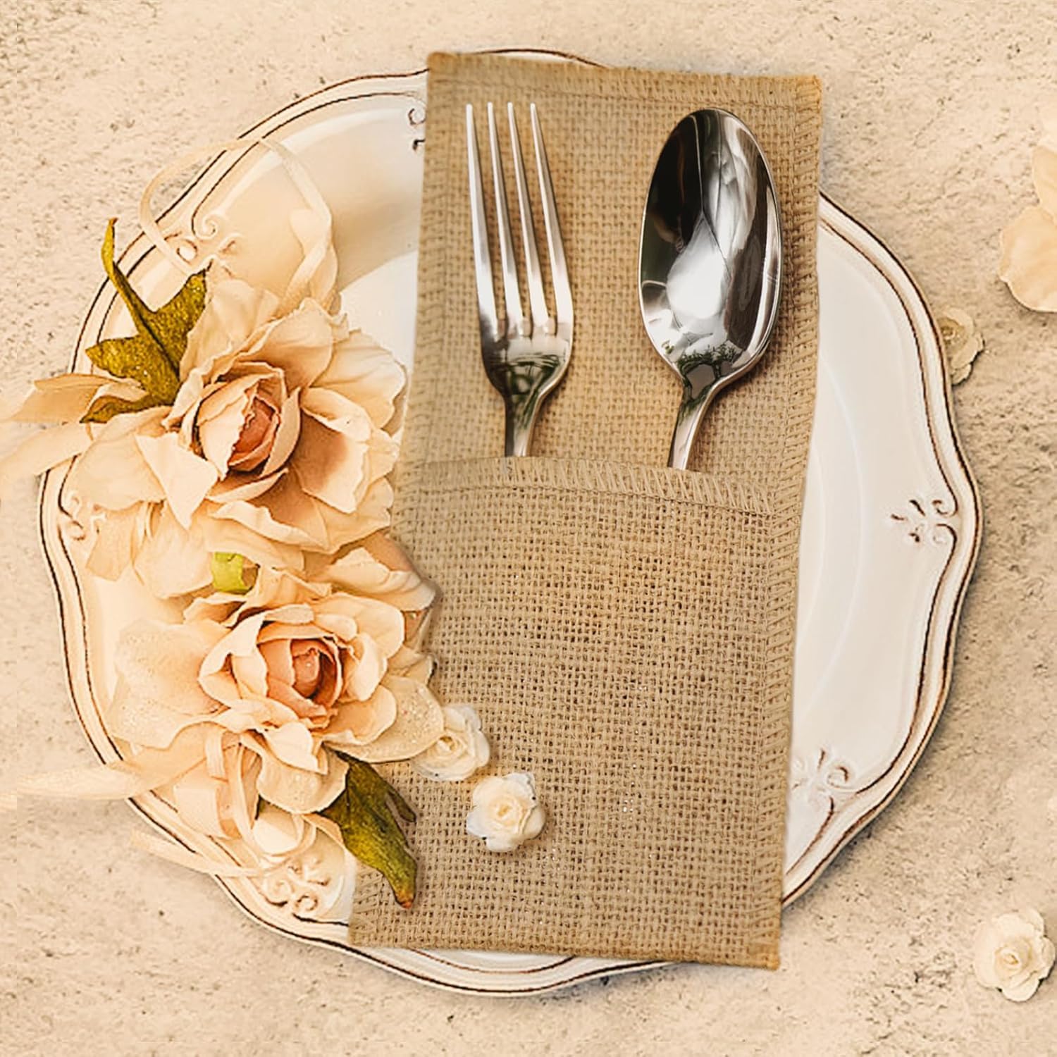 FQTANJU Lot de 50 porte-ustensiles et pochette à couverts en toile de jute naturelle, pour serviettes de table et décoration