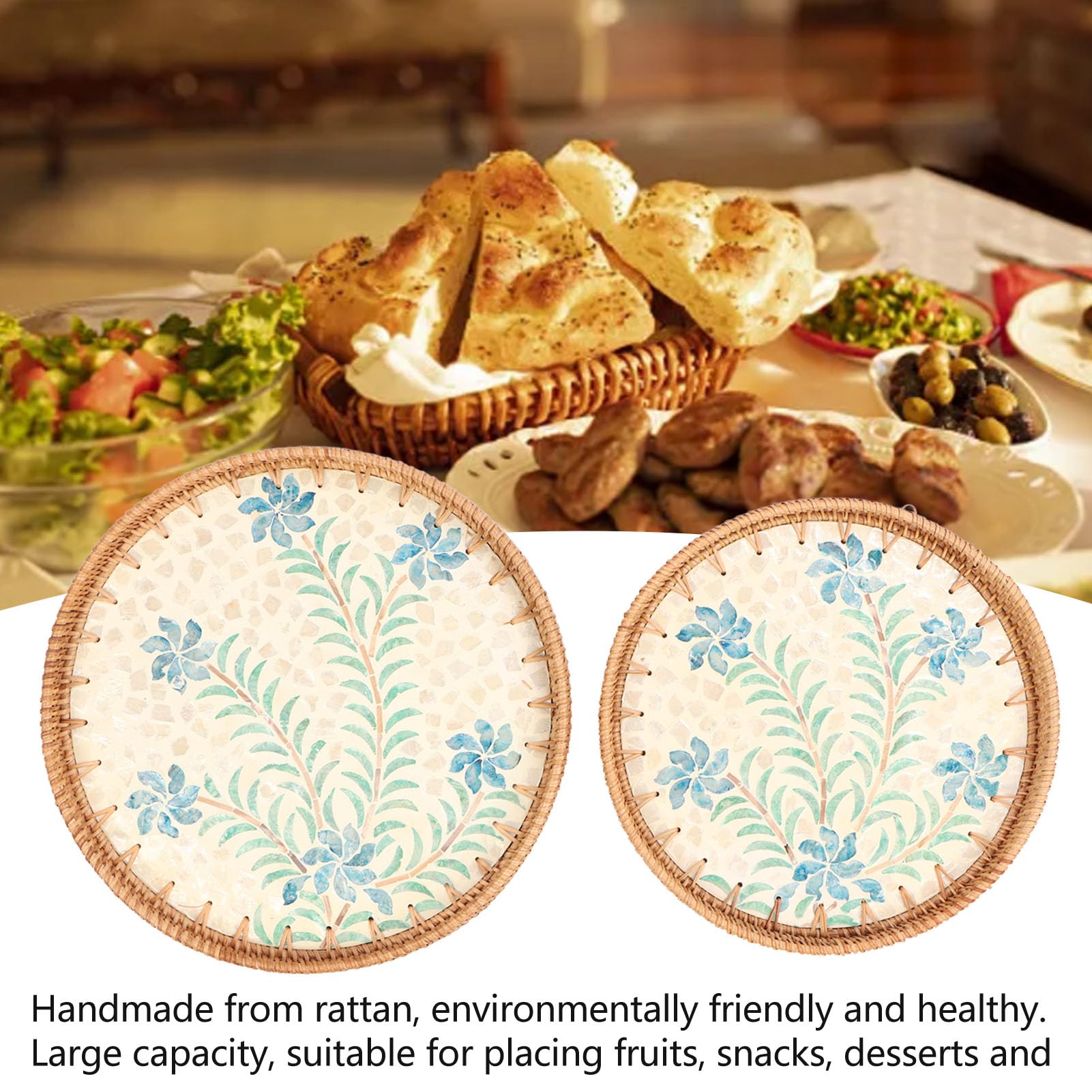 2 Piezas Bandeja Redonda para Aperitivos Tejida a Mano en Ratan, Estilo Artesanal Tradicional, Bandeja Decorativa Ecológica para Frutas y Snacks, Diámetro 30 cm y 35 cm (Patrón de cymbidium)