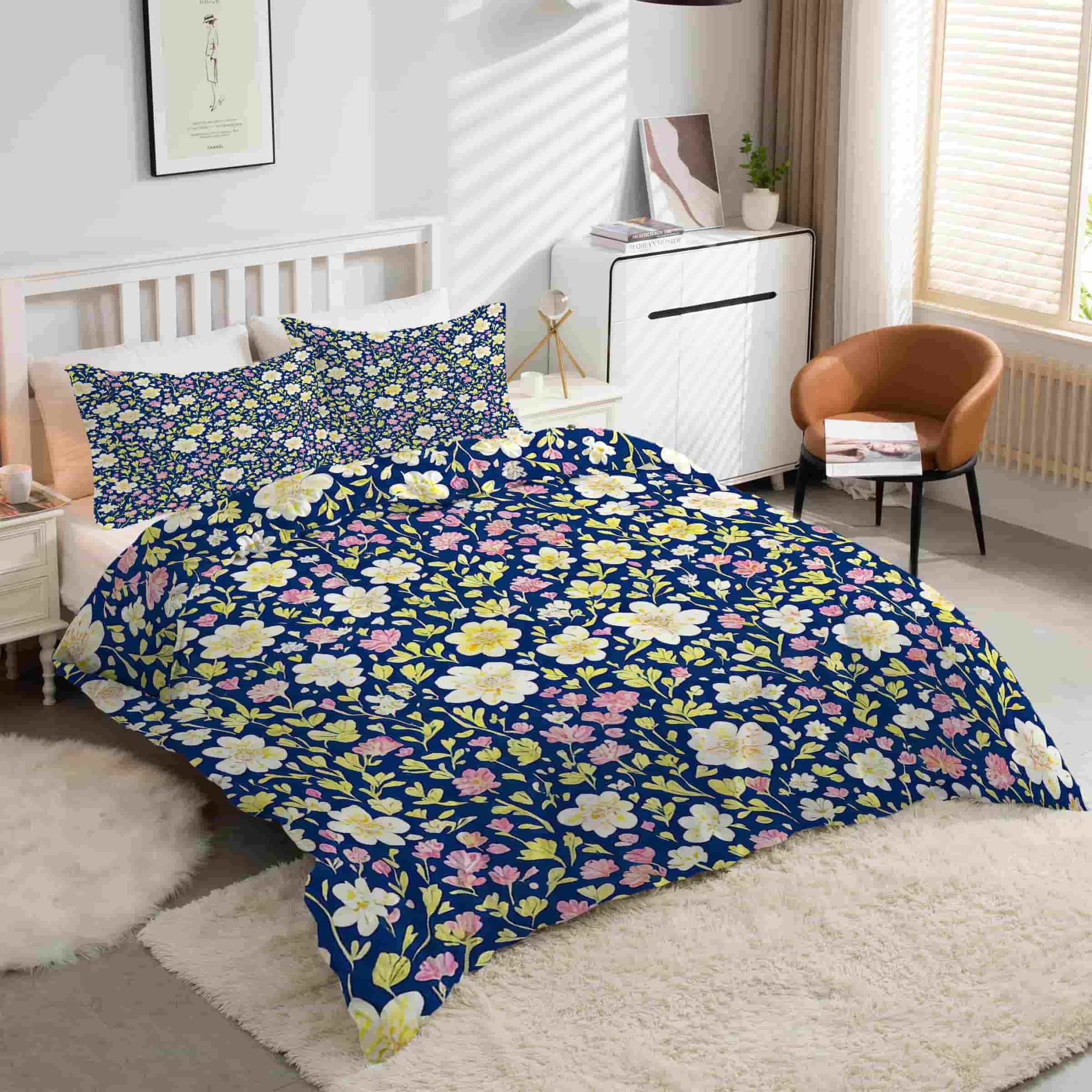 Parure de lit 90x190 motifs floraux en microfibre douce avec 2 taies d'oreiller