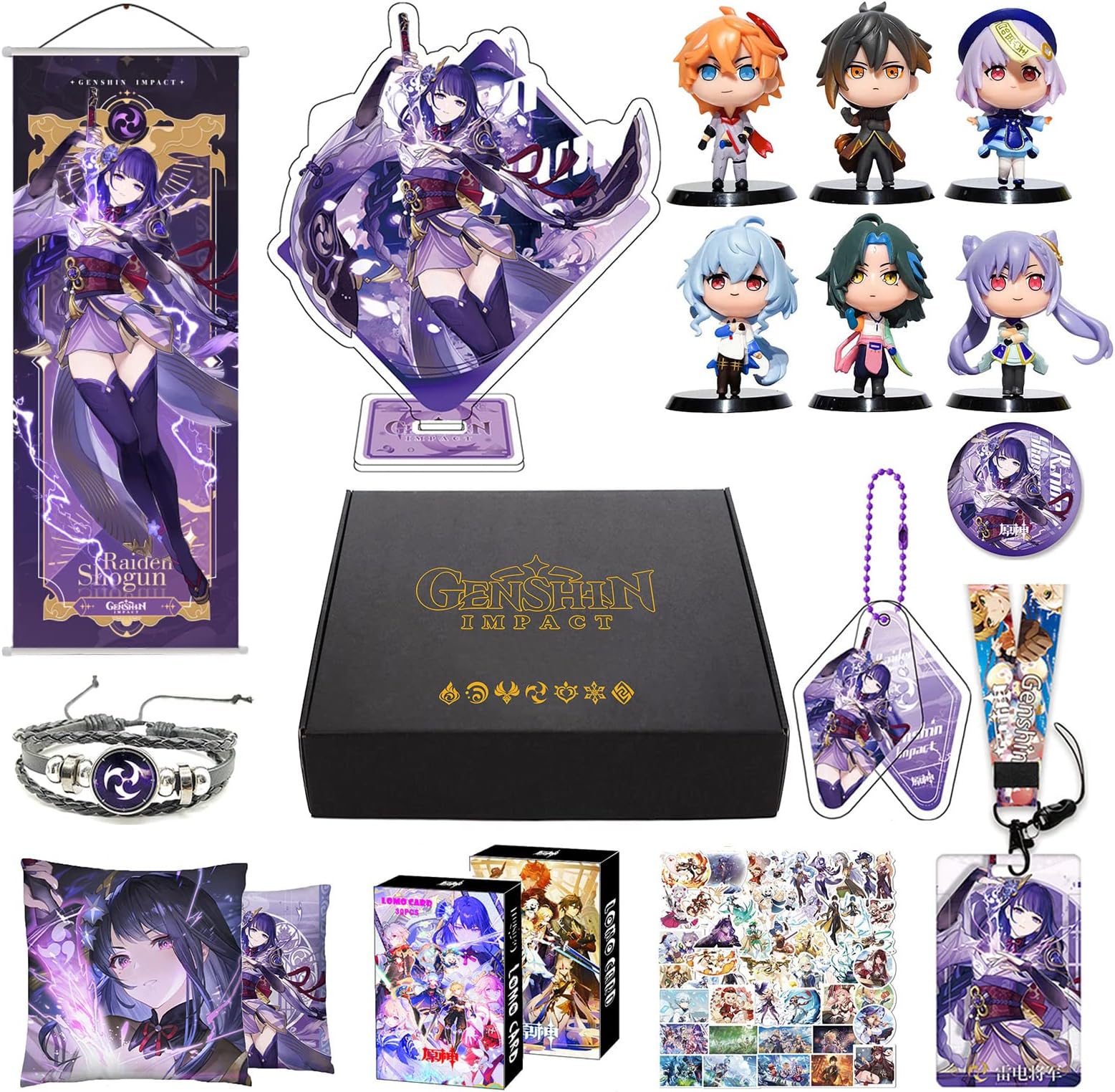 MOTAOGenshin Impact Box Set - Including 6 Figures, Poster, Pillowcase, Stand Figure, Bracelet, Badge, Keychain, Card Cover, 30 Lomo Cards, 50 Stickers (Raiden Shogun)