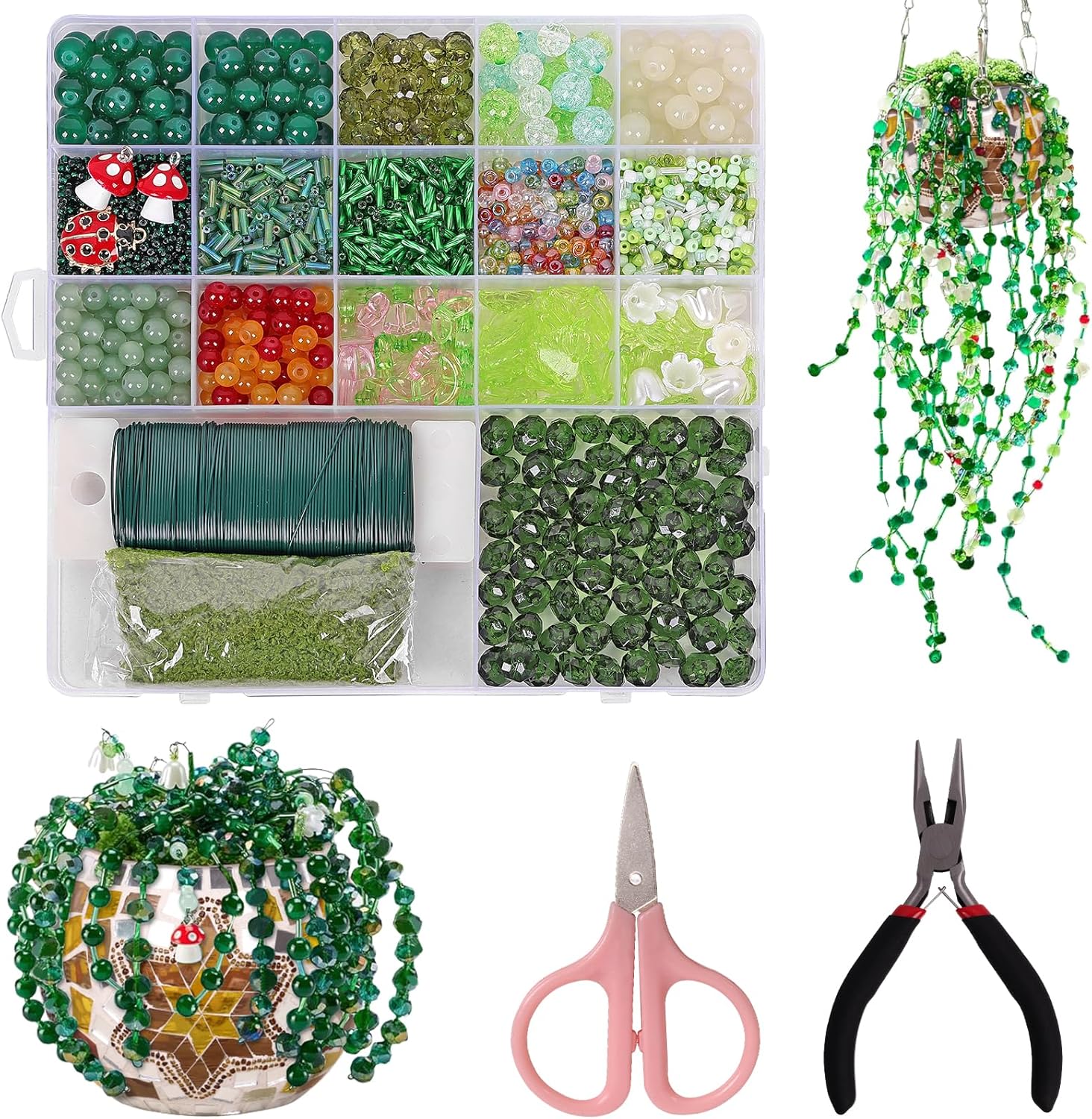 LOMOHOO 2383 Pcs Green Glass Beaded Plant Kit Forever Plant Kit, Green Beads Round Crystal Beads Leaf Flower for Succulent Plant Bracelet Jewelry Making Kit DIY Craft Gift with Video Tutorials