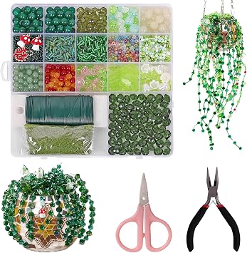 LOMOHOO 2383 Pcs Green Glass Beaded Plant Kit Forever Plant Kit, Green Beads Round Crystal Beads Leaf Flower for Succulent Plant Bracelet Jewelry Making Kit DIY Craft Gift with Video Tutorials