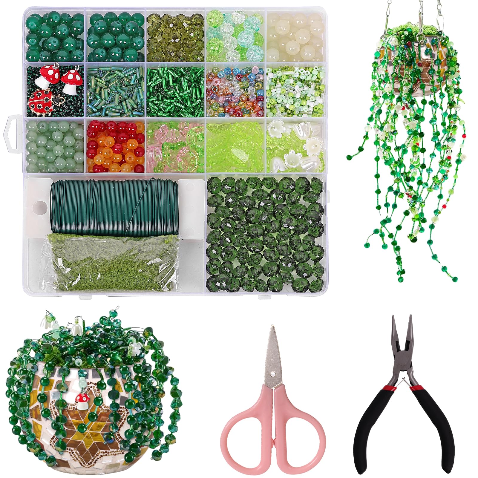 Juego de 2383 cuentas de cristal verdes para suculentas artificiales con tutoriales de vídeo, cuentas para enhebrar pulseras, collares, pendientes, bisutería, atrapasueños, cristal