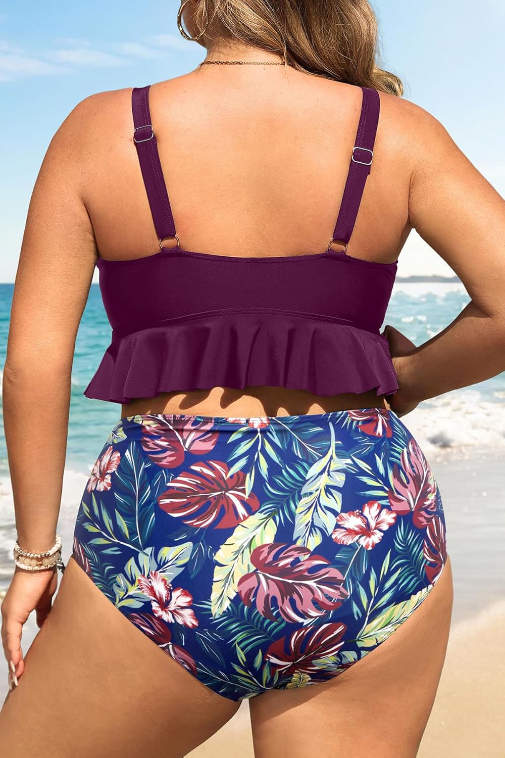Daci Women Plus Size Two Piece Swimsuits - High Waisted Bikini Set Ruffle Tummy Control Bathing Suits with Bottom