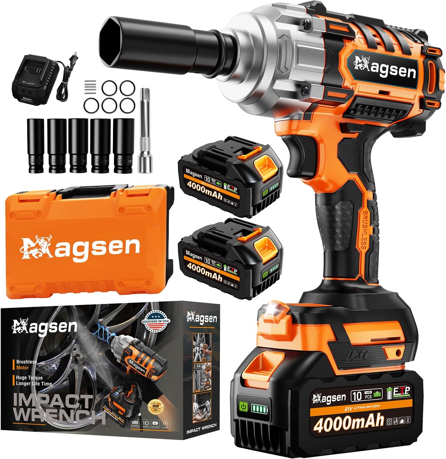 1/2 inch Cordless Impact Wrench, 900Ft-lbs (1200N.m) High Torque Brushless Impact Gun,3800RPM,2x4000mAh Battery, 5 Sockets,LED Light,Electric Impact Motor Variable Speeds for Car/Mower/Pickup