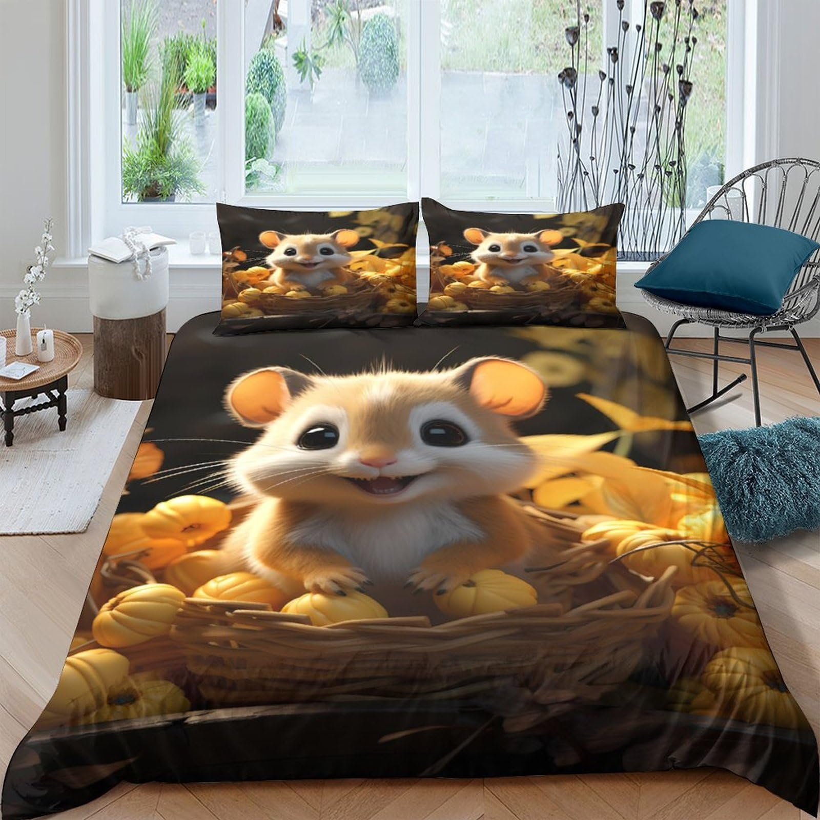 Ctjqhvkz Style-3 3D Printed Cute Hamster Fitted Sheet Microfiber Anti-Slip Washable Autumn Nest Bed Cover Bedroom Decor Single（135X200cm）