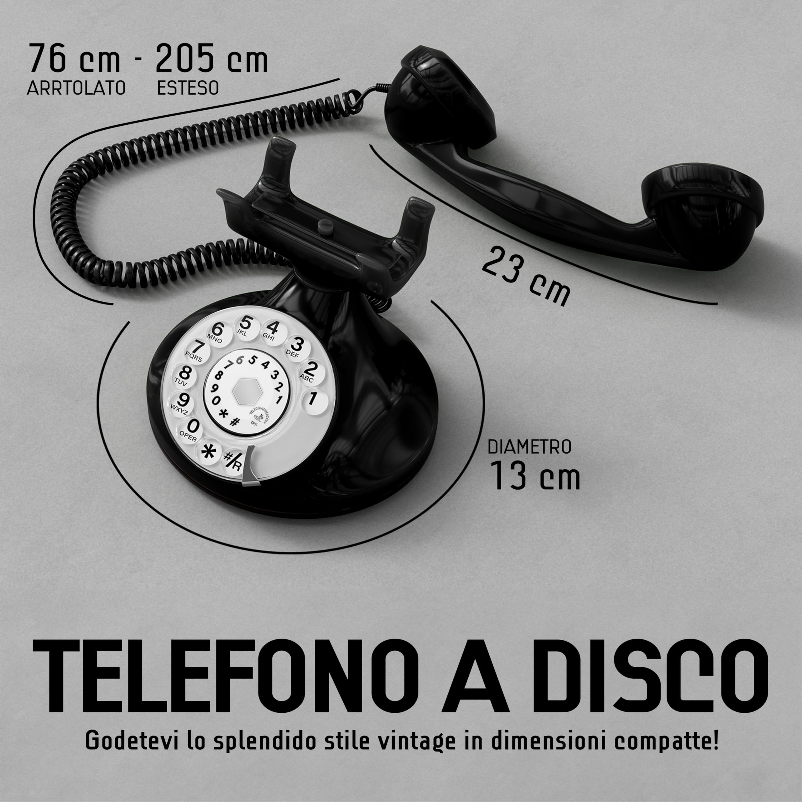 OPIS FunkyFon cable: Telefono fisso casa vintage con disco, telefono antico per linea fissa, stile retrò classico Nero