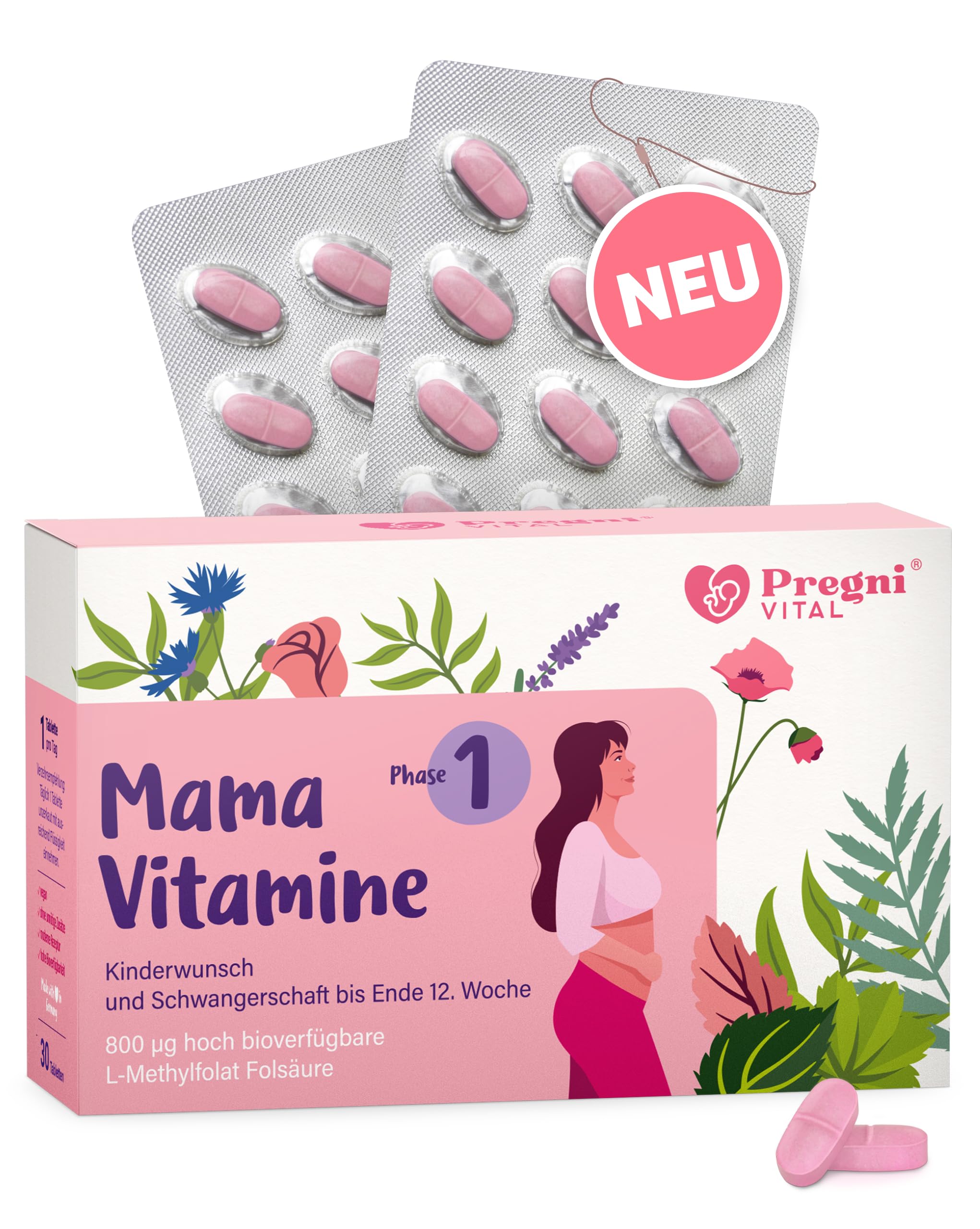 PregniVital Phase 1 Schwangerschaftsvitamine 1. Trimester bis 12. SSW – Folsäure Schwangerschaft, Kinderwunsch Vitamine, Cholin Schwangerschaft - 30 Tabletten