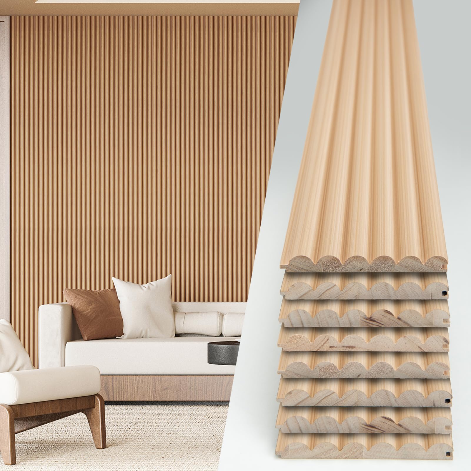 Photo 1 of Art3d Fluted Wood Panel - 108 x 5.7 x 0.7in for Wall & Ceiling, Beaded Accent Molding for Home Decoration, Pack of 8pcs + 1pc End-Trim, Beaded Oak