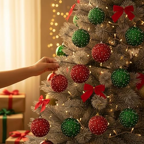 Vista 42 de Lyrow Juego de 24 adornos de bolas de Navidad con purpurina de 4 pulgadas, bolas de Navidad a granel, adornos colgantes de espuma de lentejuelas