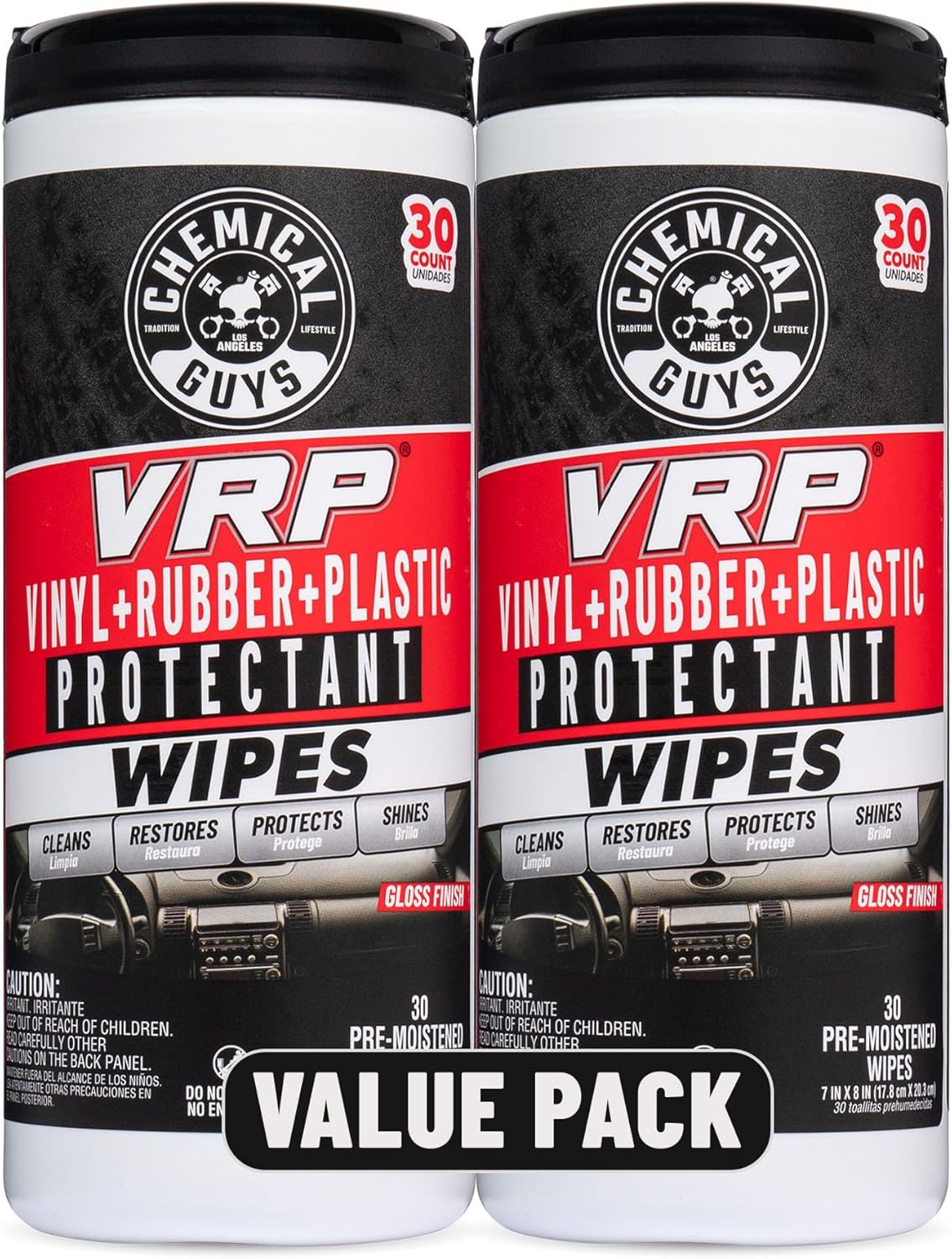 Chemical Guys VRP Vinyl, Rubber, Plastic Shine and Protectant Wipes Canister (30 ct) (2 Pack) – Quick Detail Wipes for Interior & Exterior Surfaces