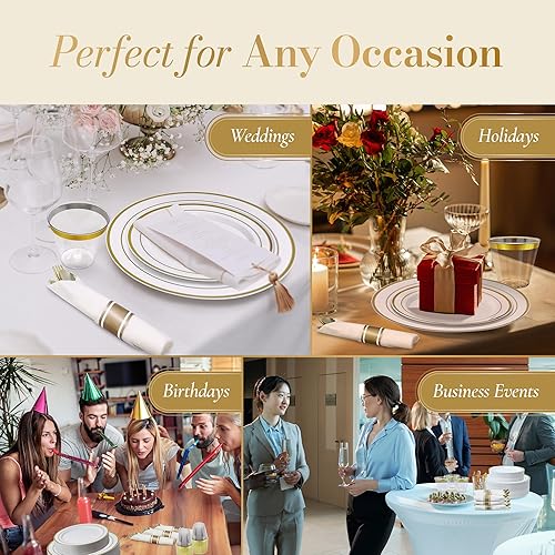 Miniatura 7 de Reli. Platos de plástico para fiesta  210 piezas  Blanco con borde dorado  Platos y servilletas  Suministros de fiesta  Juego de vajilla desechable