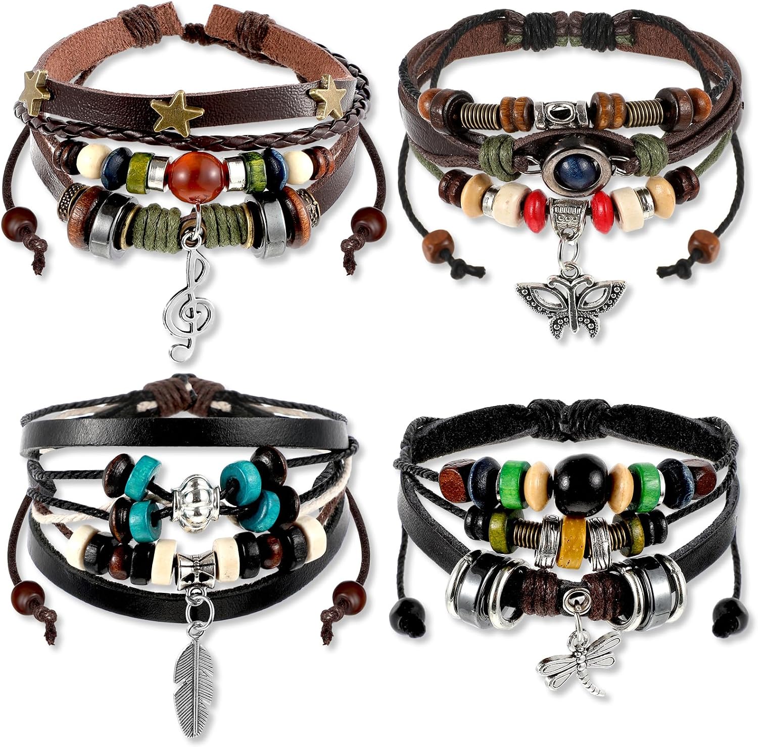 Ferreve 4 Pcs Fairy Grunge Bohemian Bracelets Fairycore Accessories Boho Punk Leather Beaded Bracelets Jewelry for Women