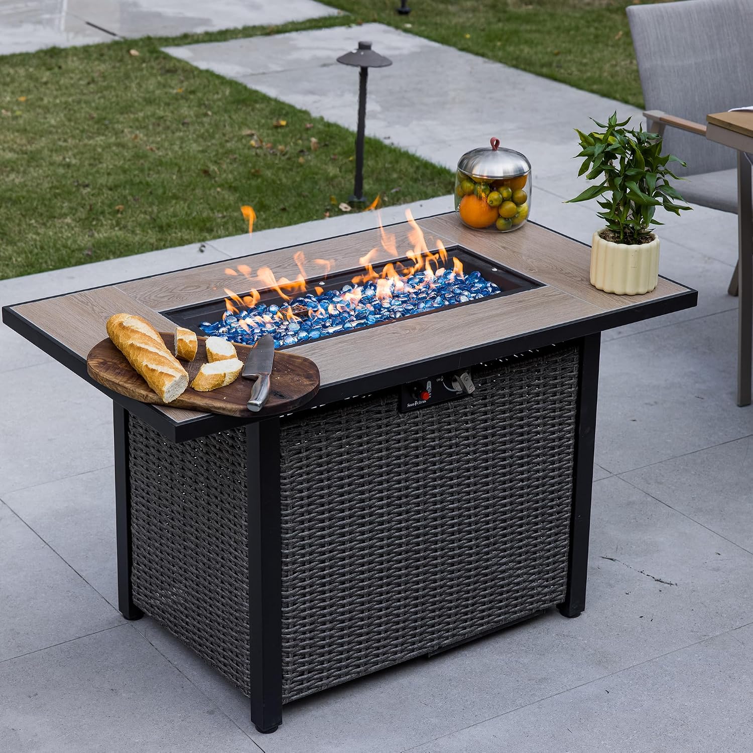 OuterMust 42 Inch Propane Fire Pit Table, 50,000 BTU Hand-Woven Rattan Outdoor Fire Pit with Lid & Blue Glass Bead, Outdoor Fireplace for Patio Deck Garden, Gray
