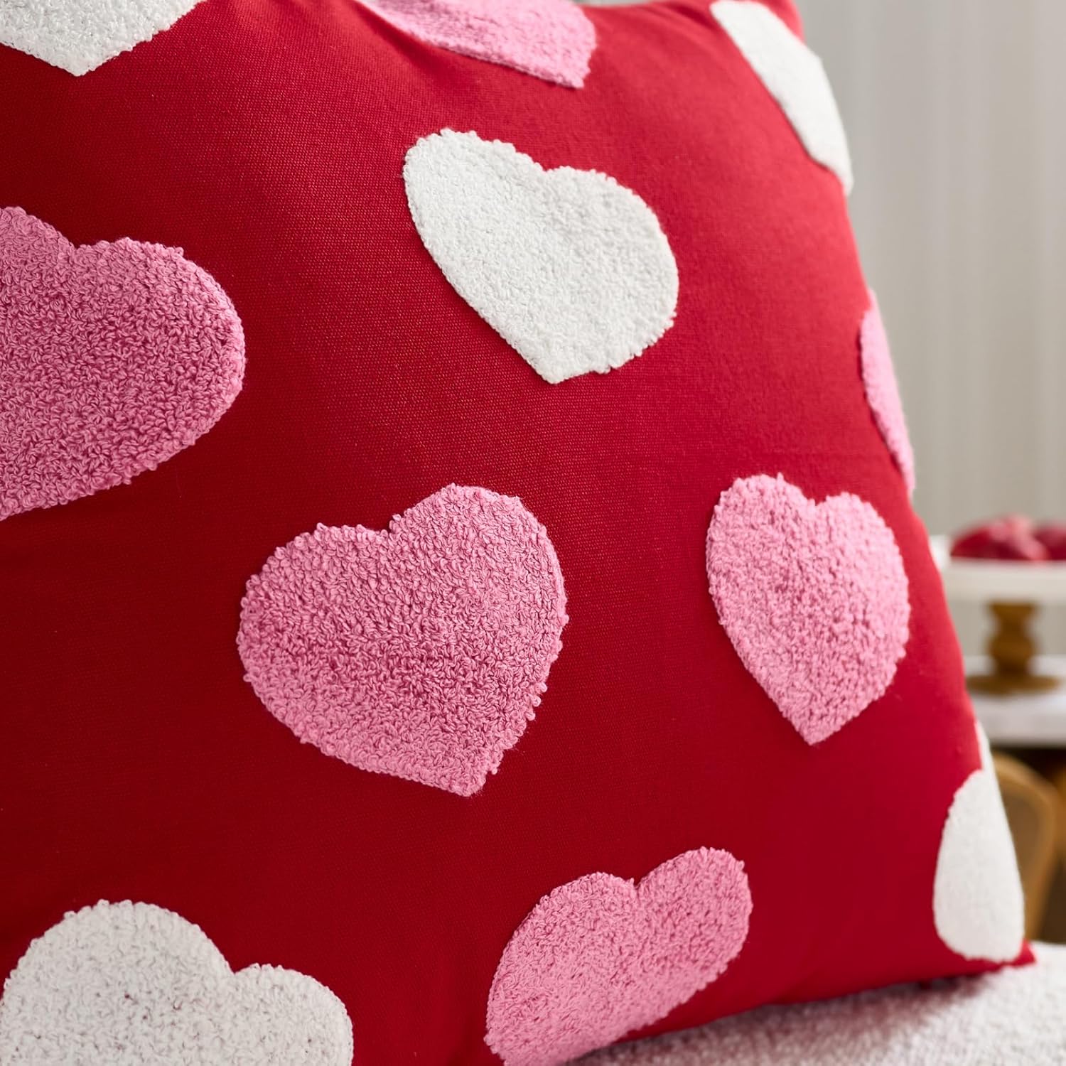 Valentines Day Pillow Covers 20 x 20 Inch Set of 2 Embroidery Heart Pattern Valentine Wedding Decorative Throw Pillow Cover Couch Bedroom Outdoor Indoor Sofa Valentines Decor Red Pink
