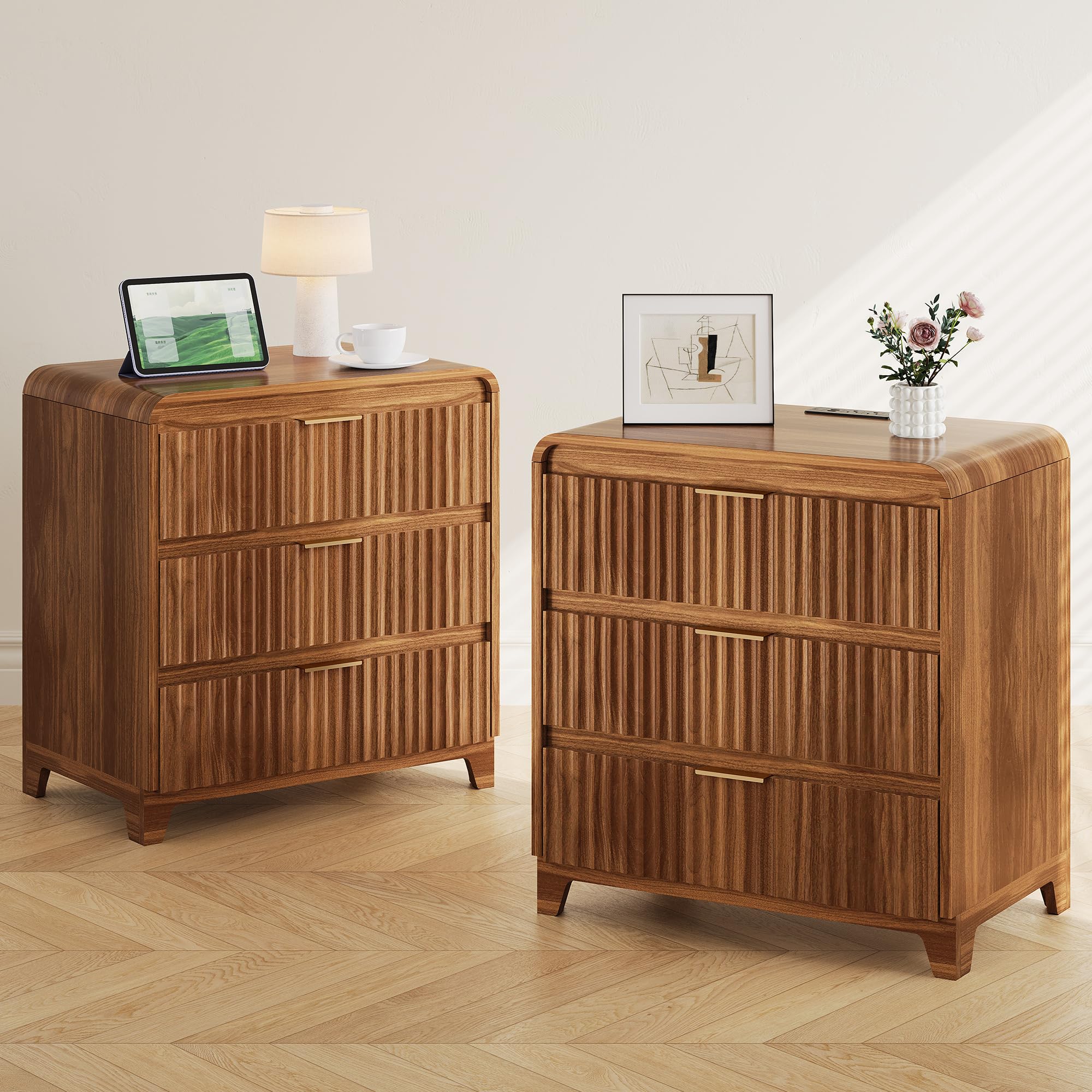 Fluted Walnut Night Stand Set of 2, 24" Wide Wood Nightstand with Charging Station and 3 Drawers, Large Modern Night Stand End Table Bedside for Bedroom, Silent-Close Slide Rails, Walnut