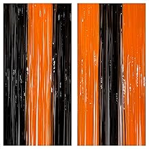 KatchOn, Black and Orange Foil Fringe Curtain - XtraLarge 3.2x8 Feet, Pack of 2 | Orange and Black Streamers, Halloween Decorations | Fringe Backdrop Curtain for Birthday, Basketball Party Decorations