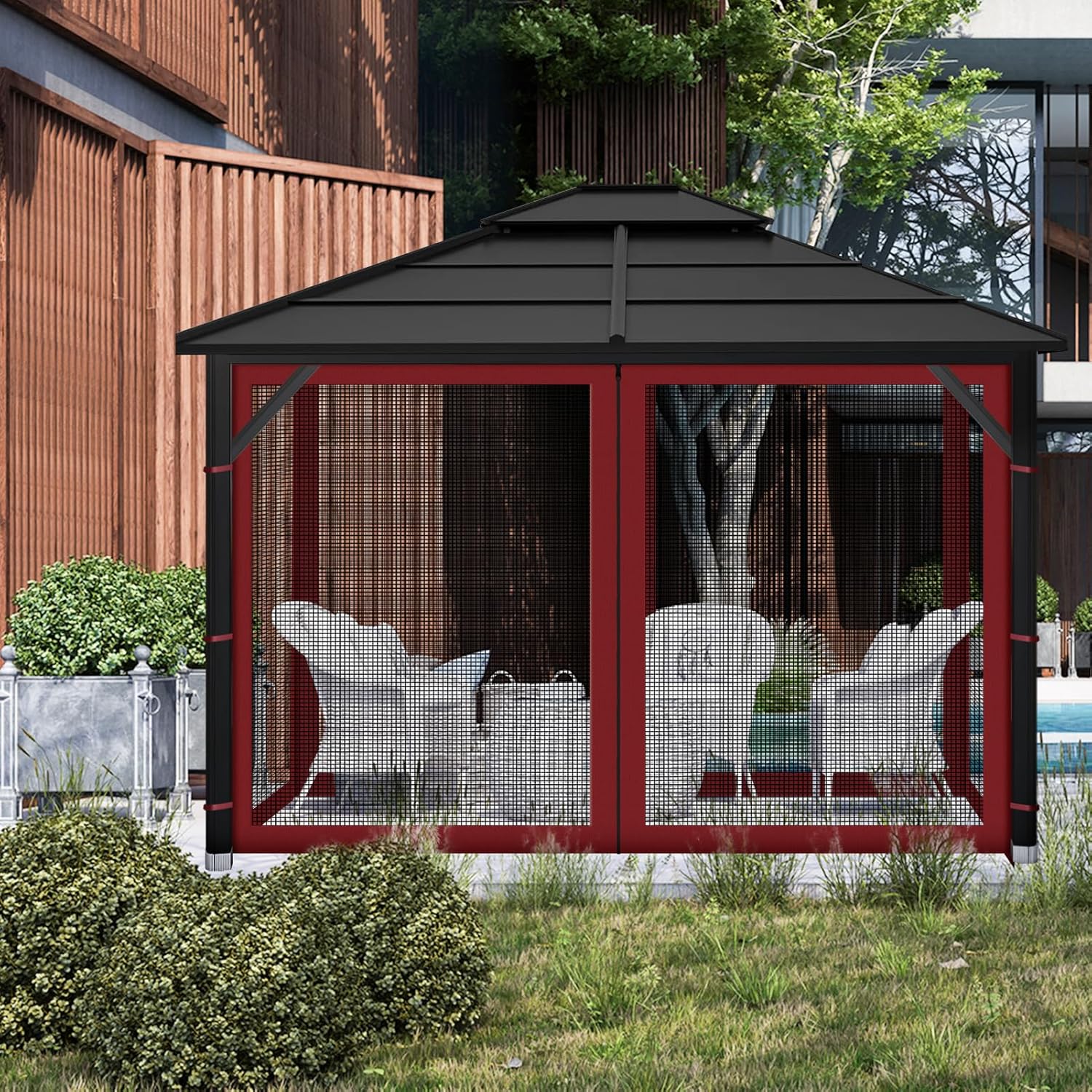 Gazebo Replacement Mosquito Netting Outdoor Universal Gazebo Canopy 4-Panels Screen Sidewalls with Zipper for Patio Garden (Red, 10x10)