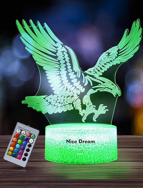 Nice Dream Eagle Night Light for Kids, 3D Illusion Night Lamp, 16 Colors Changing with Remote Control, Room Decor, Gifts for Children Boys Girls