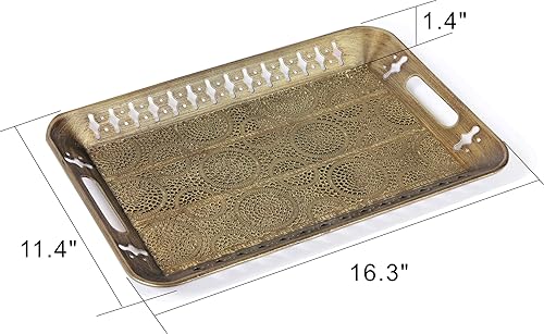 Miniatura 3 de Bandeja de metal decorativa rectangular resistente de 16 pulgadas con decoración de filigrana en oro champán, bandeja de metal para servir, bandeja