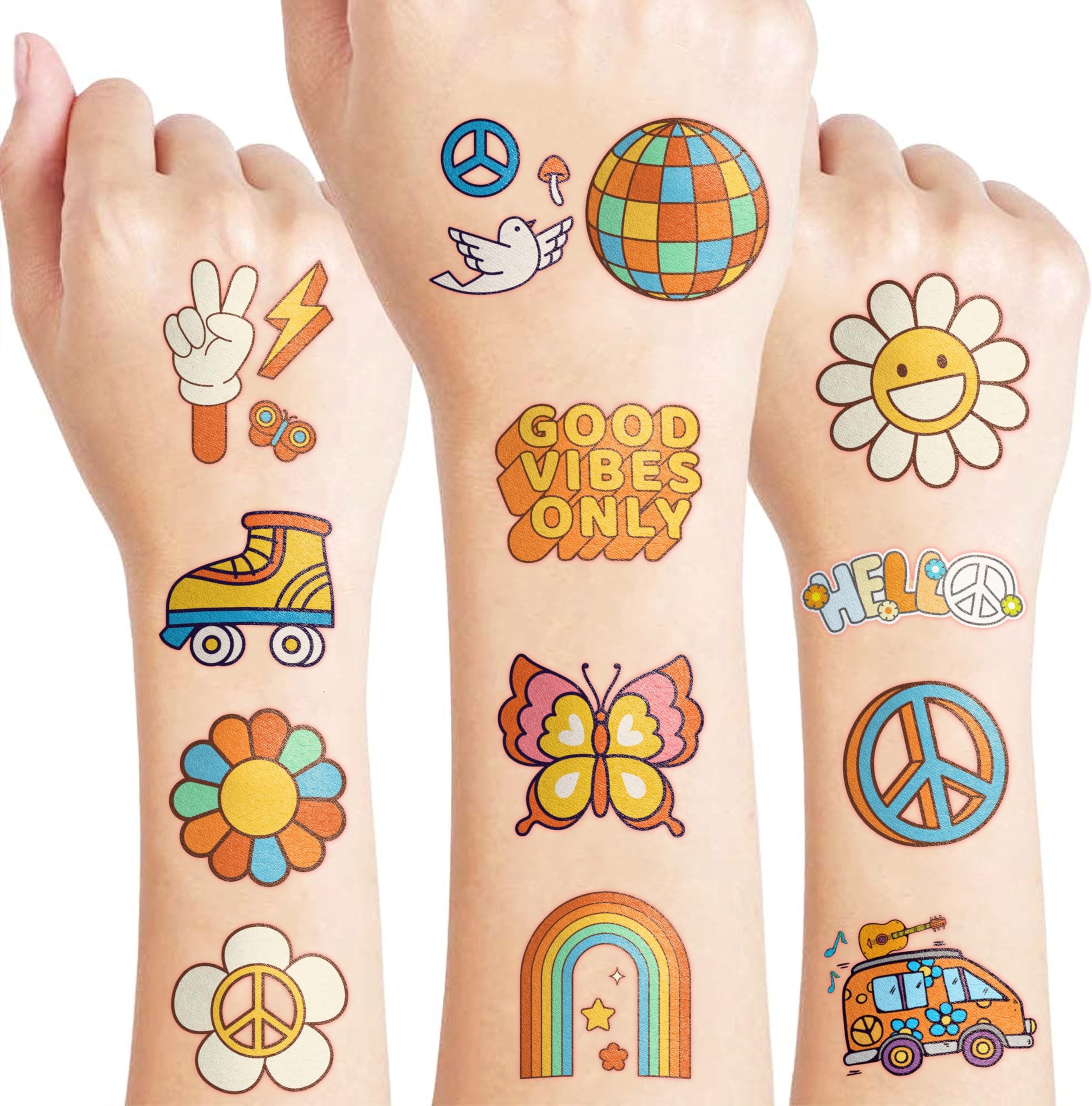 96PCS Groovy 70s Pre-Cut Temporary Tattoos - Retro Flower Power, Good Vibes Party Decorations & Favors | Cute Tattoos Stickers Gift for Kids, Boys & Girls, Prize Supplies (Normal)