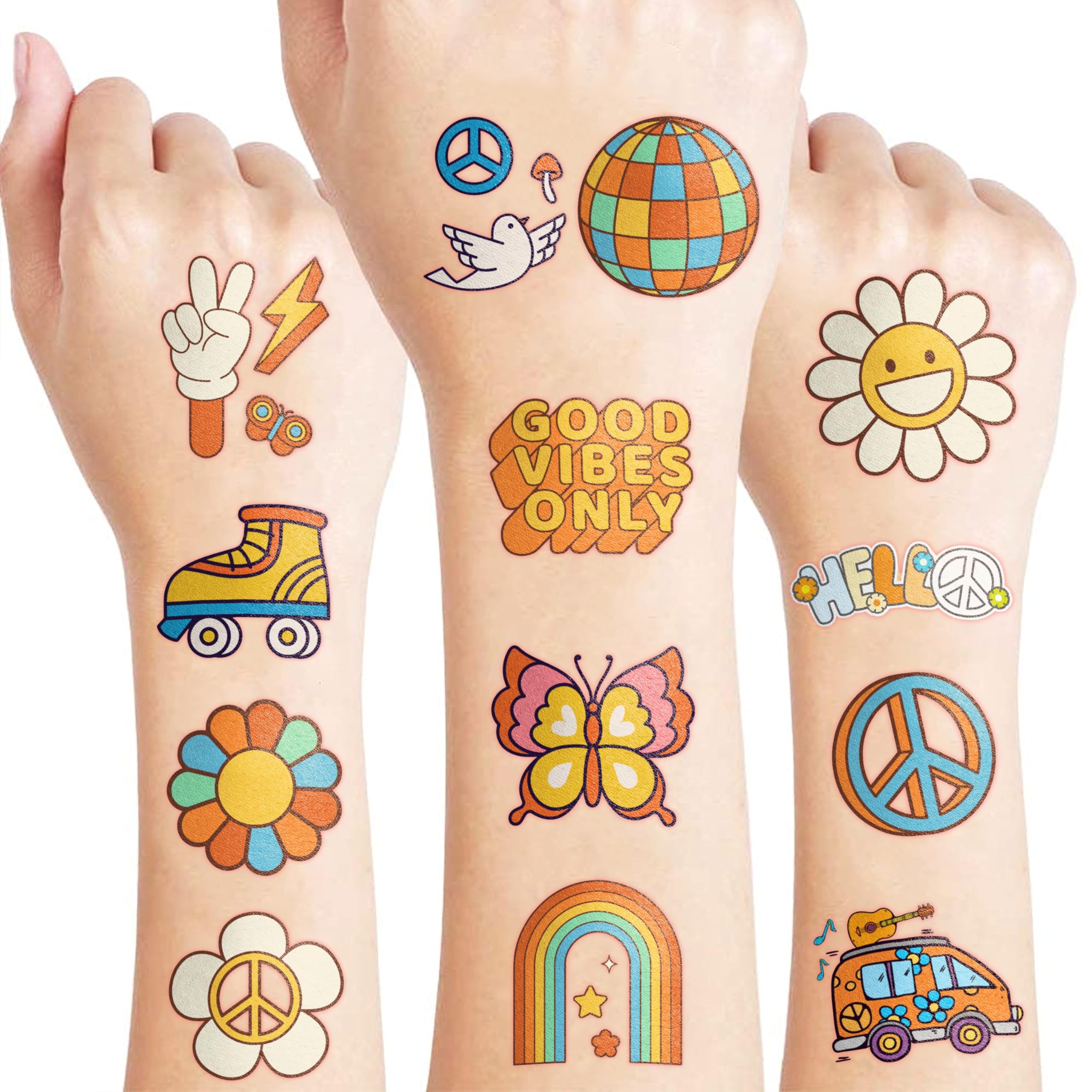 96PCS Groovy 70s Pre-Cut Temporary Tattoos - Retro Flower Power, Good Vibes Party Decorations & Favors | Cute Tattoos Stickers Gift for Kids, Boys & Girls, Prize Supplies (Normal)