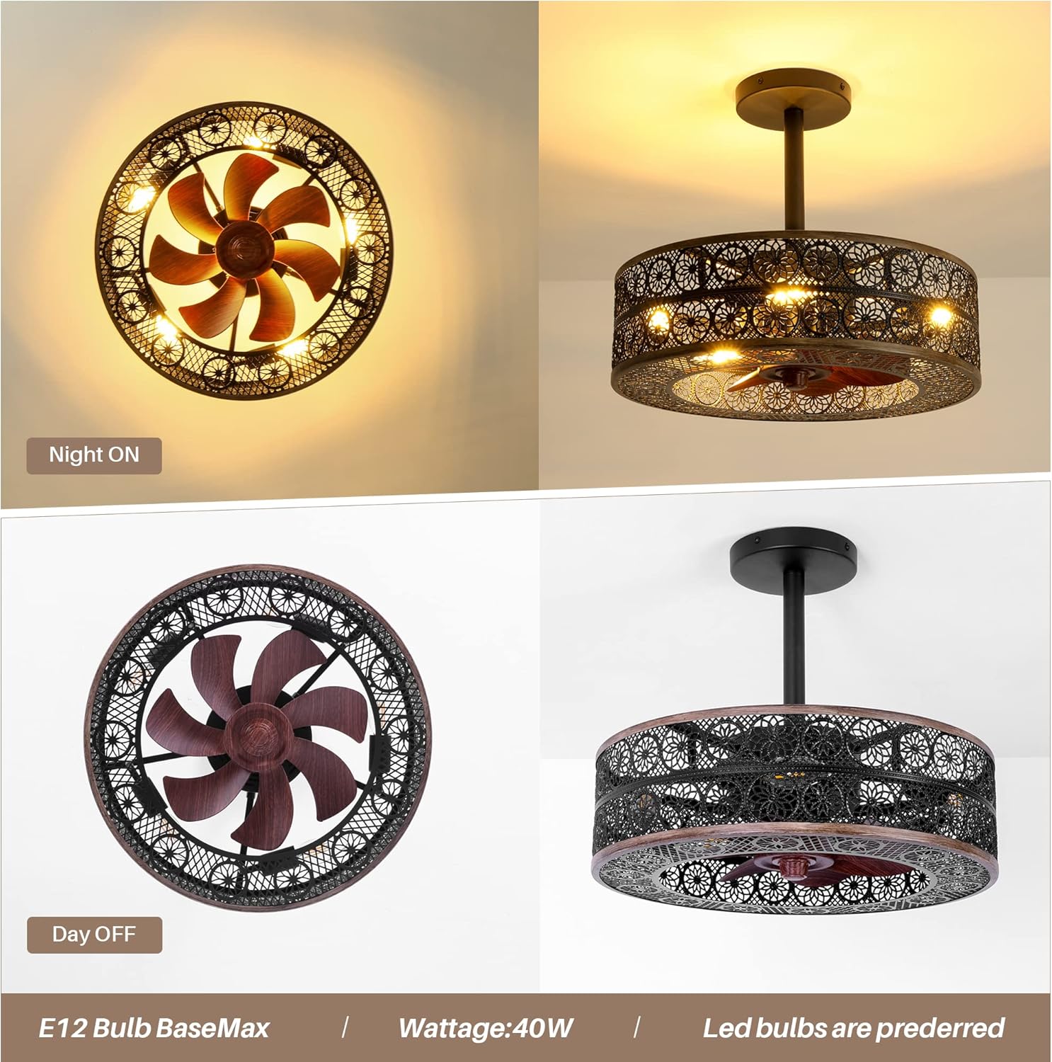 REDSTAR Small Caged Ceiling Fans with Lights, Black Industrial Ceiling Fan with Light and Remote, Farmhouse Ceiling Fan Light for Living Room, Bedroom, Kitchen