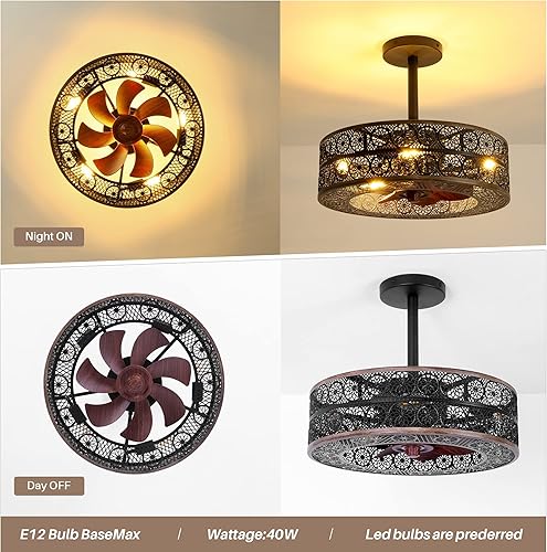 Miniatura 6 de REDSTAR Ventiladores de techo pequeños enjaulados con luces, ventilador de techo industrial negro con luz y control remoto, ventilador de techo de