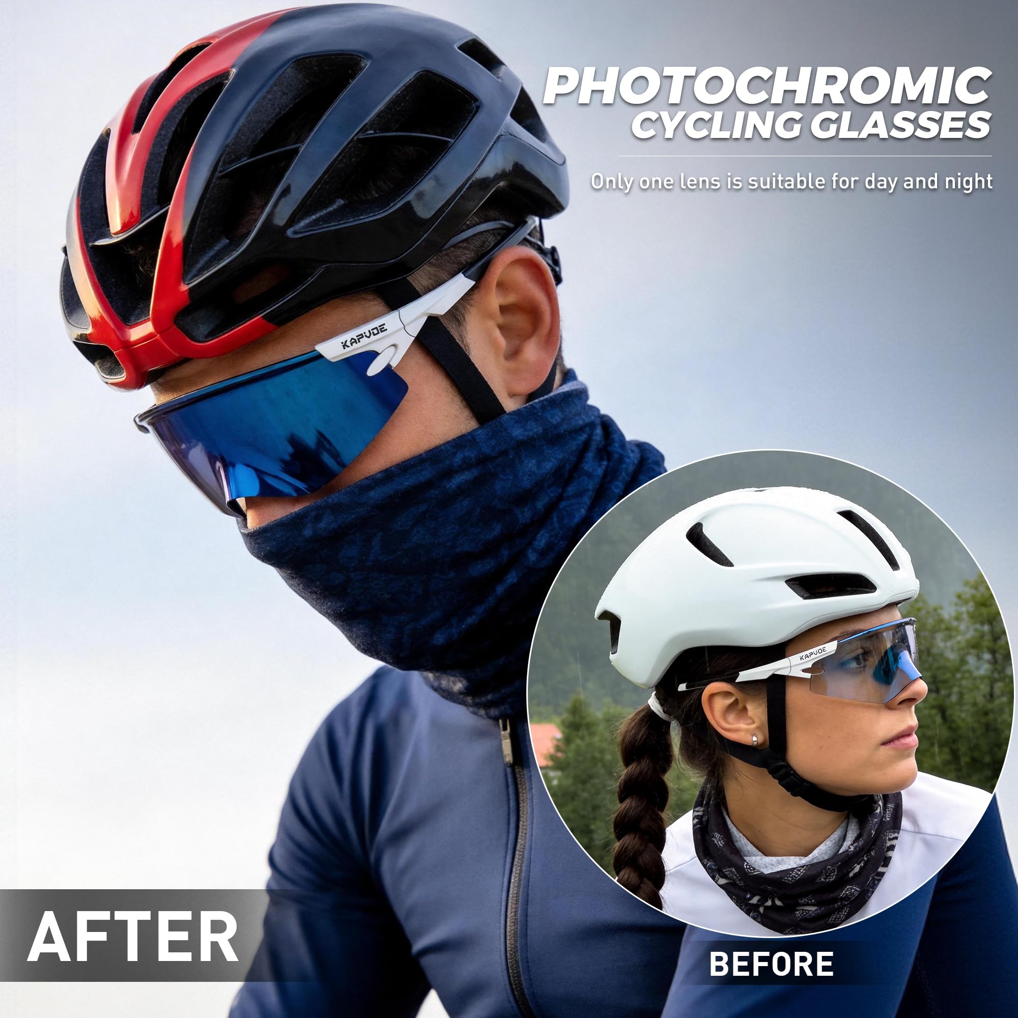KAPVOE K410 Occhiali da Ciclismo Fotocromatici & Alta Definizione Unisex, Montatura TR90, Lenti UV400, Astine Regolabili, Include Borsa per Bicicletta, Occhiali Sportivi per MTB e Attività Outdoor