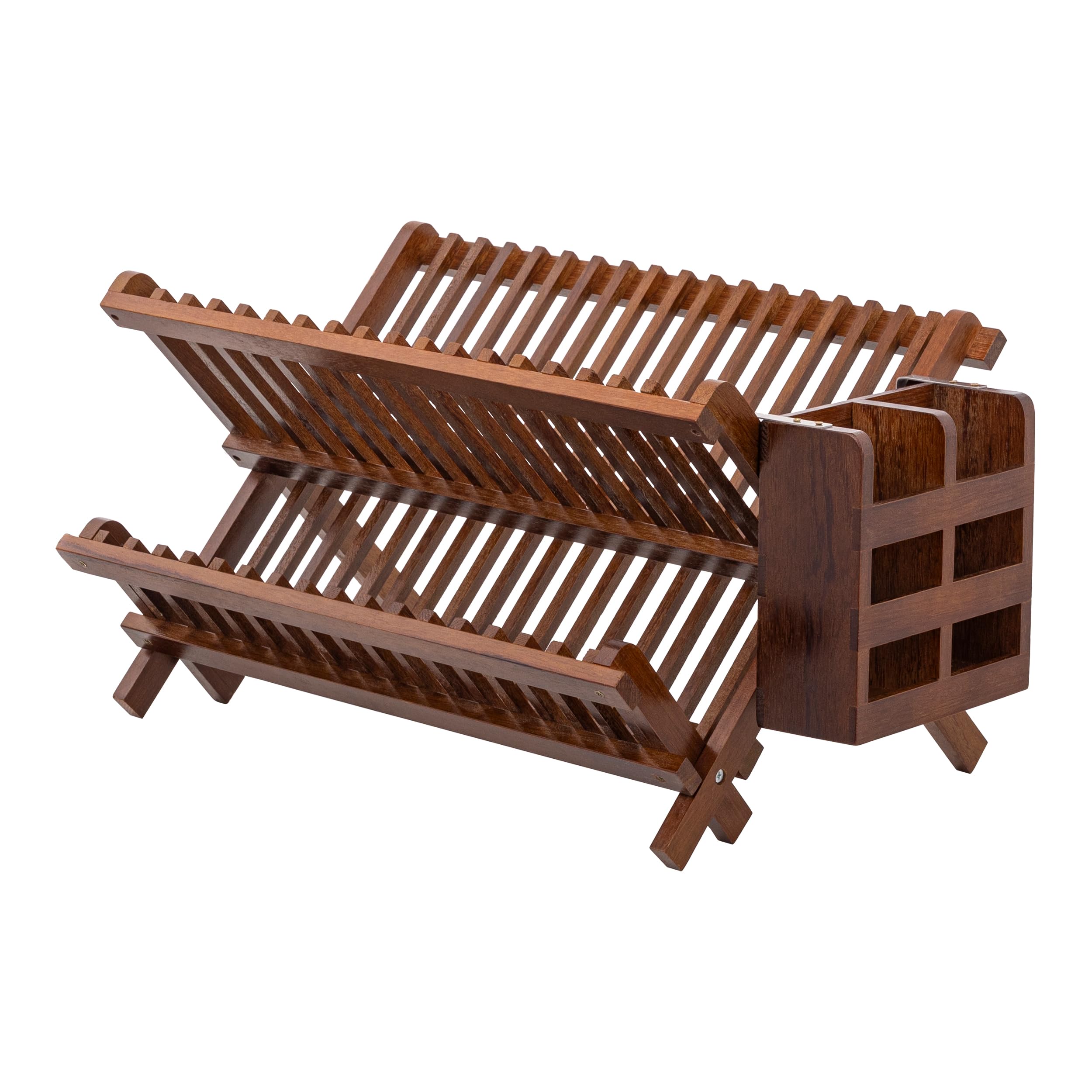HBlife Teak Folding 2-Tier Dish Rack