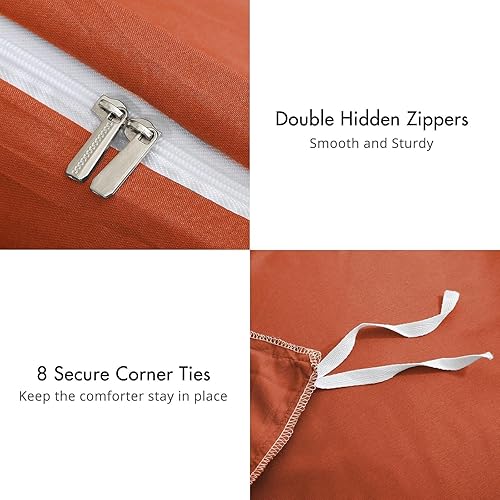 Miniatura 5 de Juego de funda de edredón de tamaño matrimonial, color naranja quemado de 3 piezas, funda de edredón de microfibra cepillada refrescante con cierre