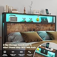 Vista 4 de Base de cama tamaño completo con cabecero, estructura de cama de plataforma metálica con luces LED y estación de carga, almacenamiento debajo