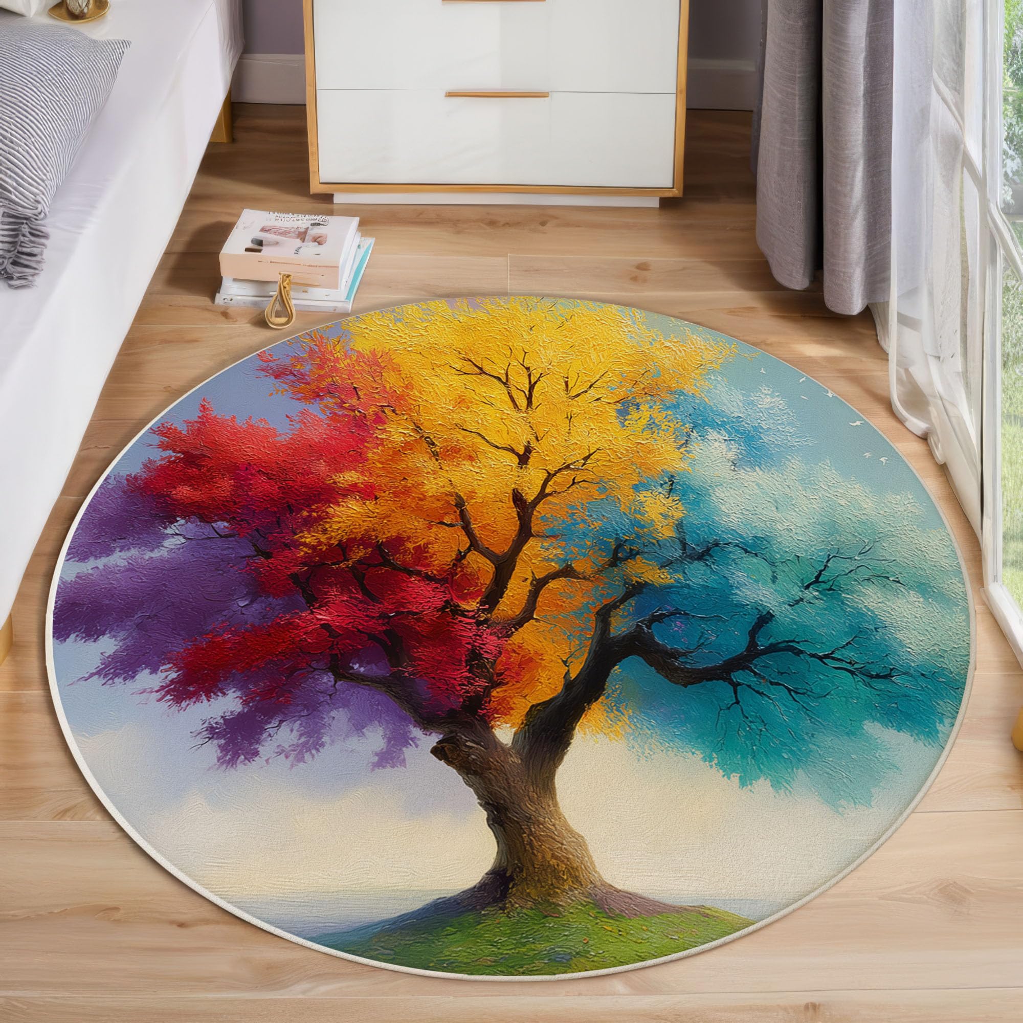 Tapis rond arbre arc-en-ciel bleu ciel pour créer un havre de paix doux
