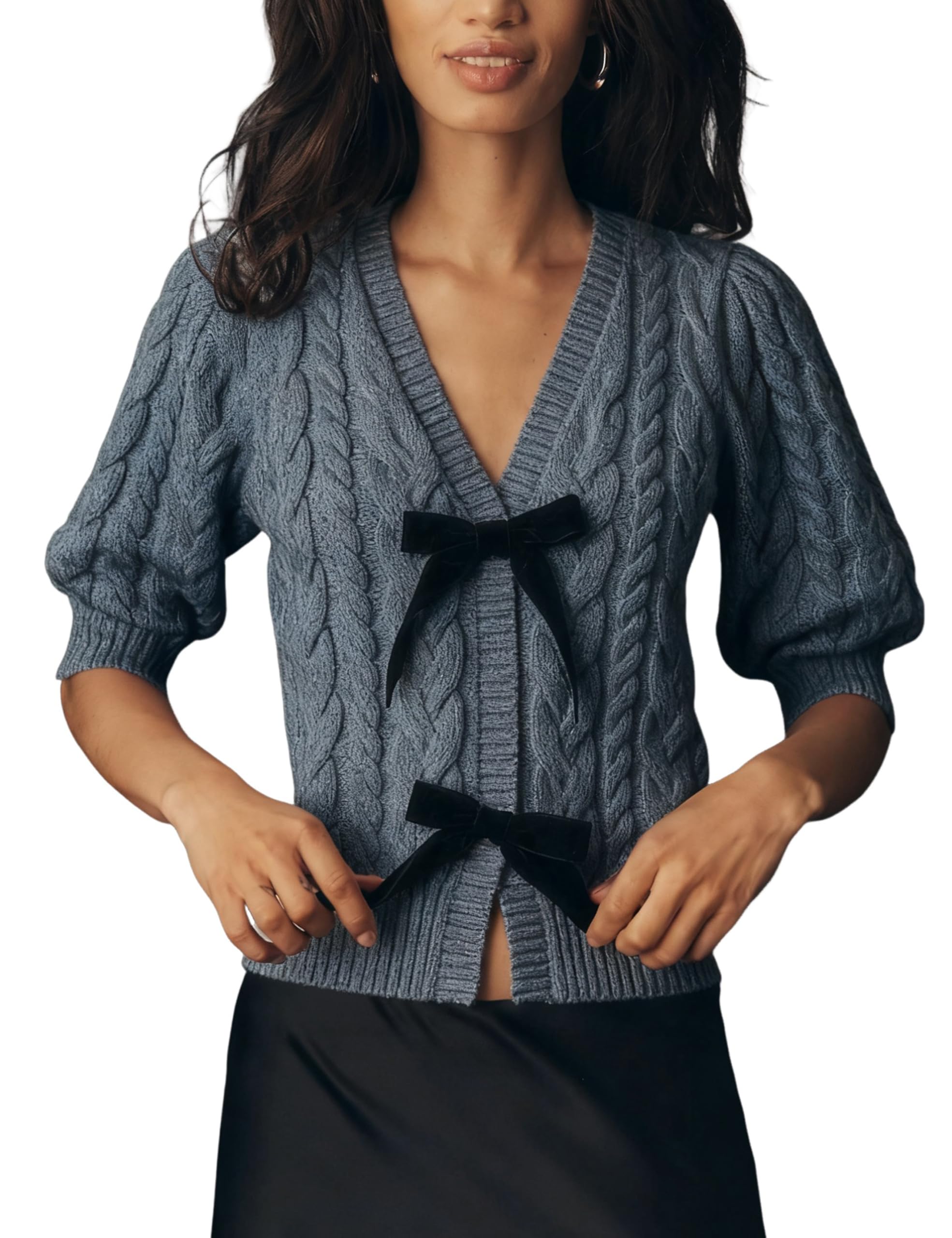 Yeokou Women Cardigan Sweater Casual Short Bubble Sleeve Bow Button Down Cable Knit Blouse Tops Outwear