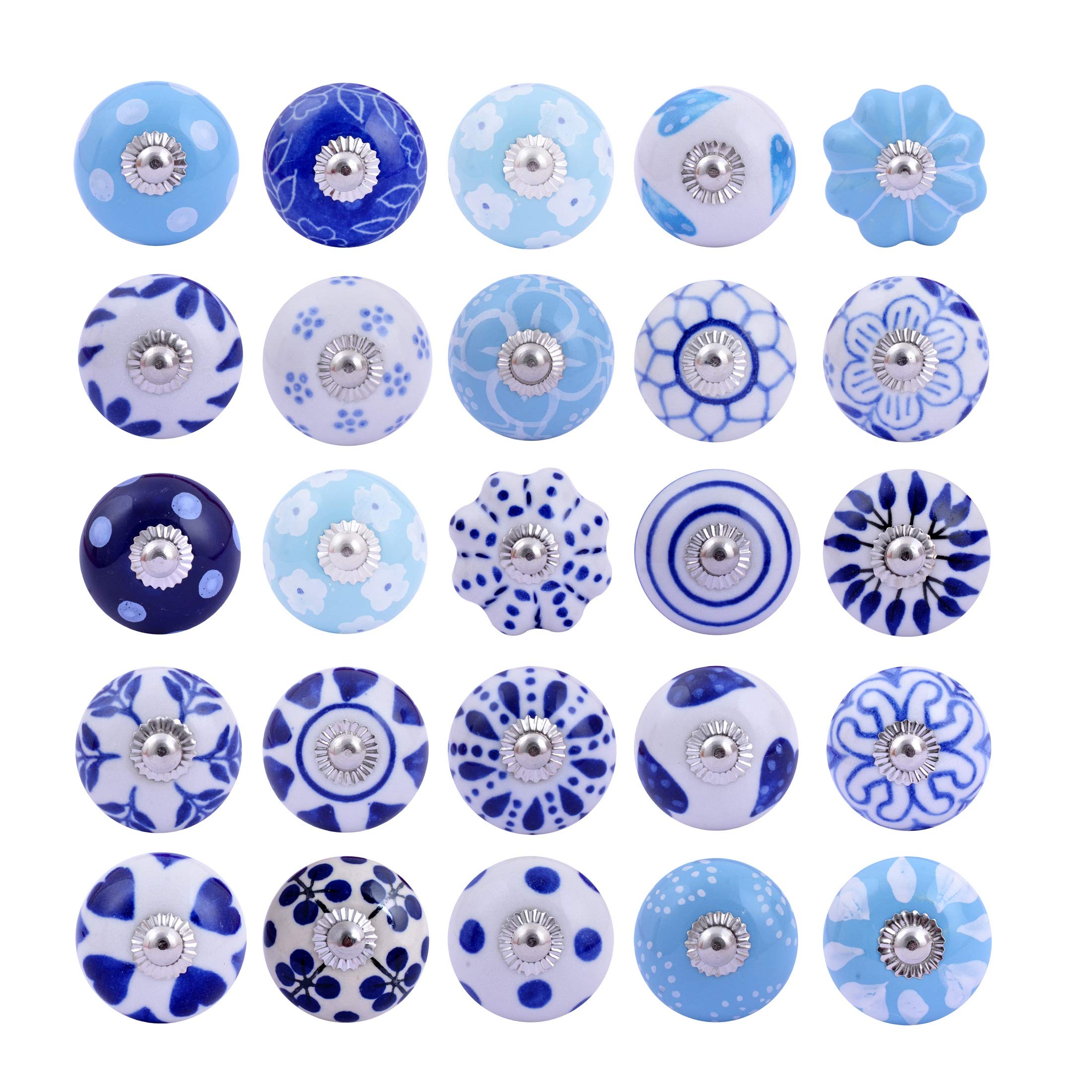 Indian Haat Bazaar Assorted Ceramic Knobs - Blue and White Mix Designed Rare Hand Painted Cabinet Drawer Pulls Door Handle Home Decor Hardware - Pack of 20 Pcs
