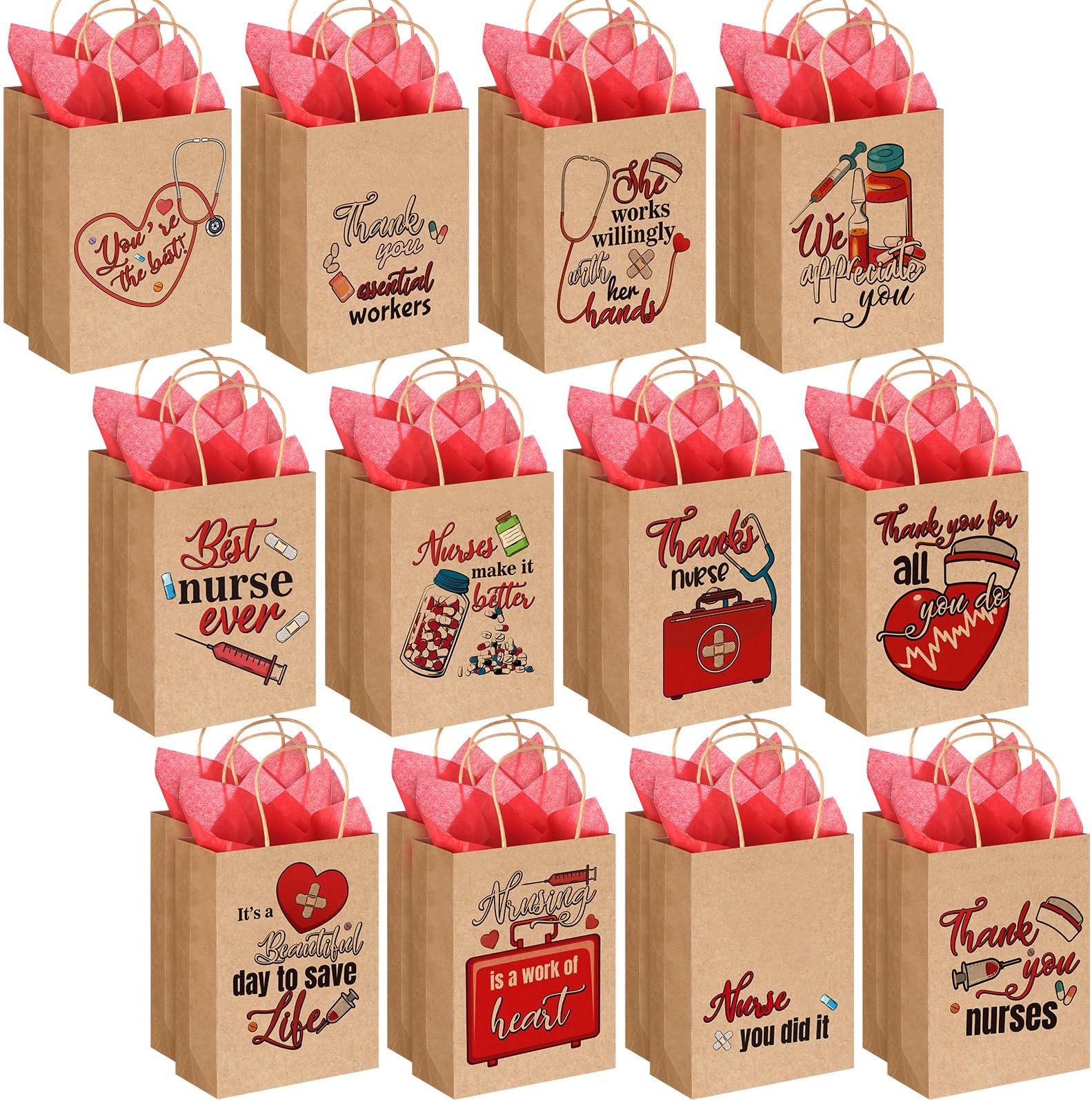 24 Pieces Nurses Week Gift Bags with 24 Pieces Red Tissue Paper Nursing Brown Gift Bags with Handles Kraft Nurse Bags Bulk for Nurse Appreciation Gifts Doctor Healthcare Party Supplies, 12 Styles
