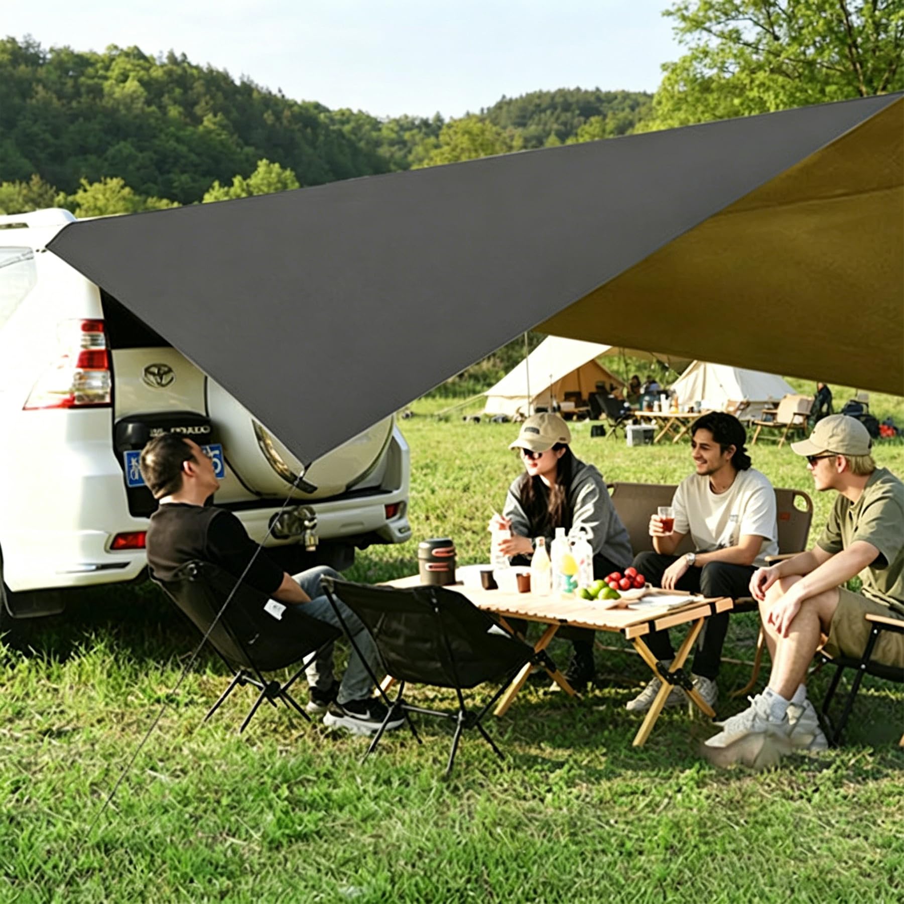 Schwarze Farbe Auto UV-Schutz Tarp, 280×380cm Silberne Beschichtung Vorzelt für SUV Seitentür und Hintertür, Wohnmobil-Markise Haben Zeltseile, Zeltnägel, Saugnapf, Aufbewahrungstasche