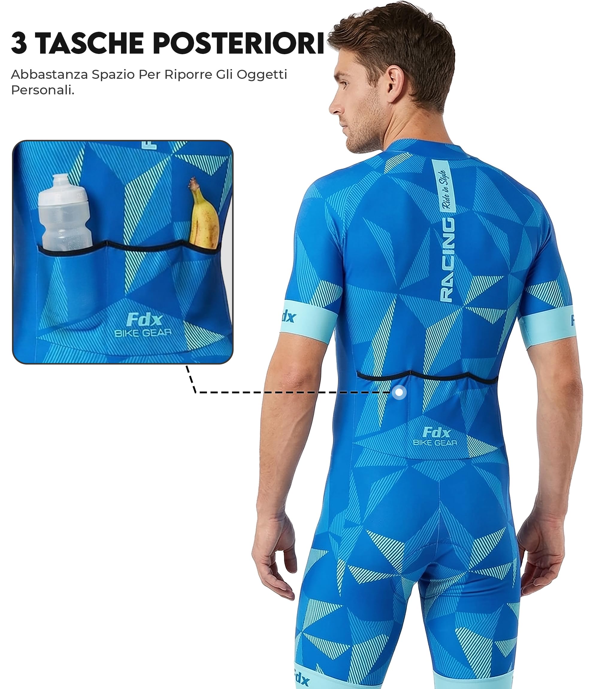 FDX Tuta ciclismo uomo Tri suit imbottita 3D, traspirante e ad asciugatura rapida, tuta intera a maniche corte per allenamento e ciclismo su strada